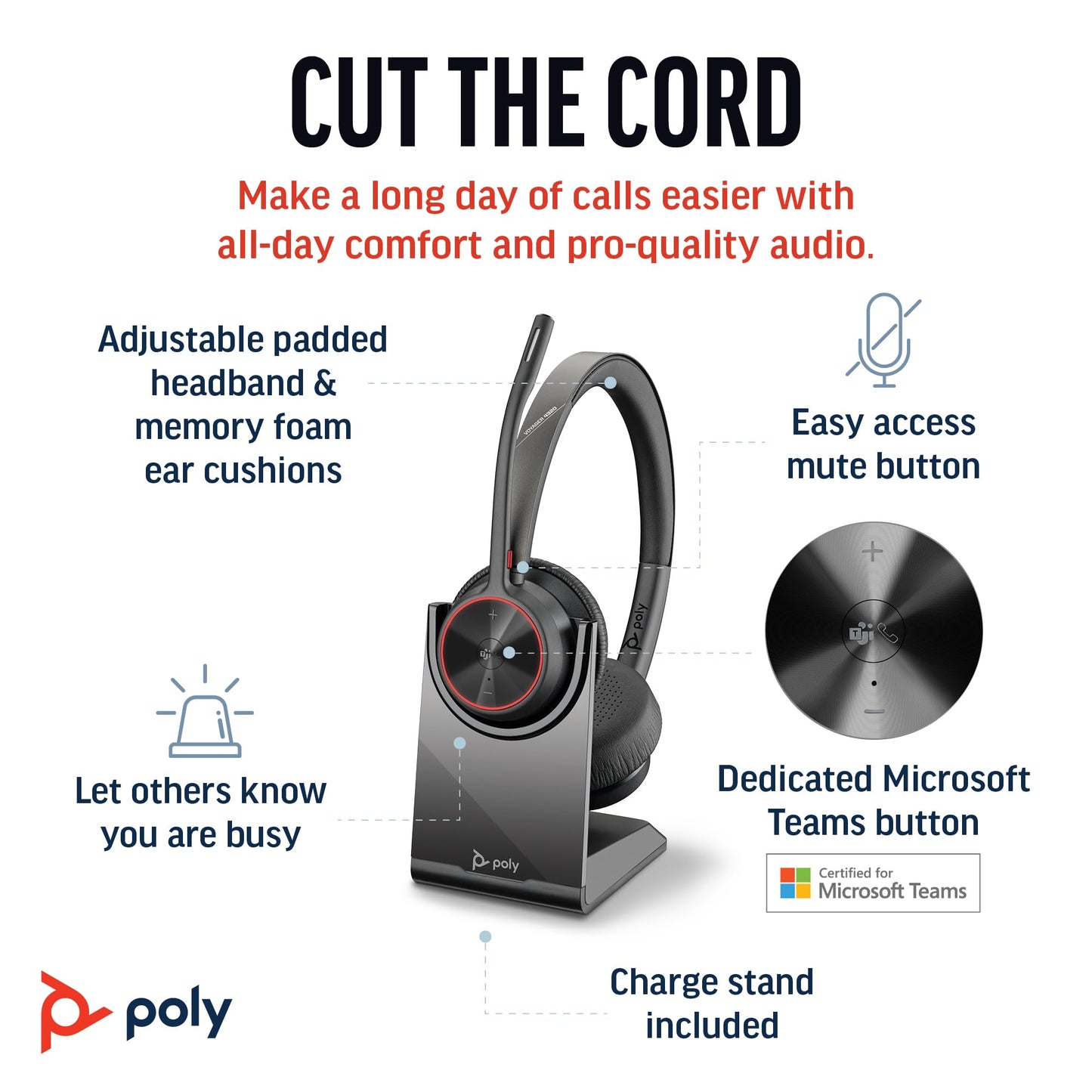 Poly Voyager 4320 UC Wireless Headset & Charge Stand - Noise-Canceling Wireless Headphones with Mic - Connect to PC via USB-C to USB-A Adapter, Cell Phone via Bluetooth, Microsoft Teams Certified