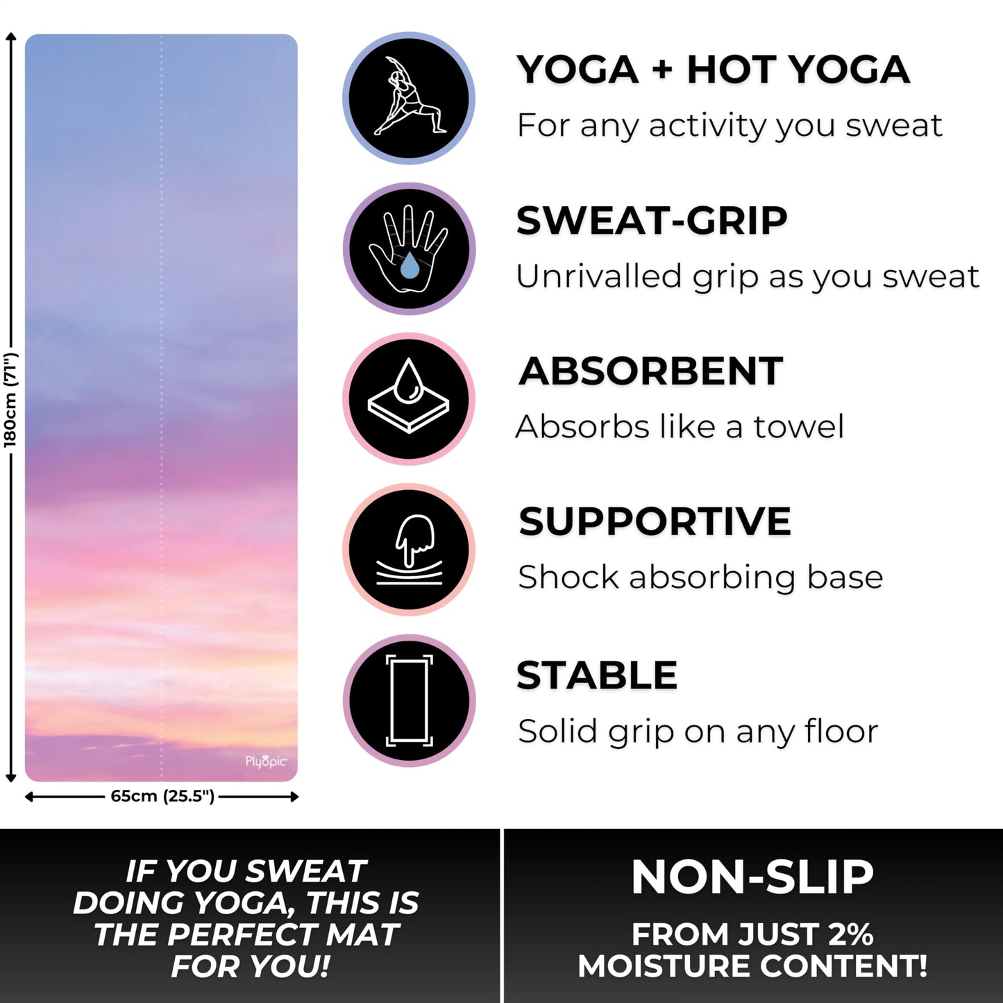 Plyopic. All In One Yoga Mat | Luxury Sweat-Grip Mat/Towel Combo | Ideal for Yoga, Hot Yoga, Bikram, Pilates, Workout & Exercise | Eco-Friendly Natural Rubber