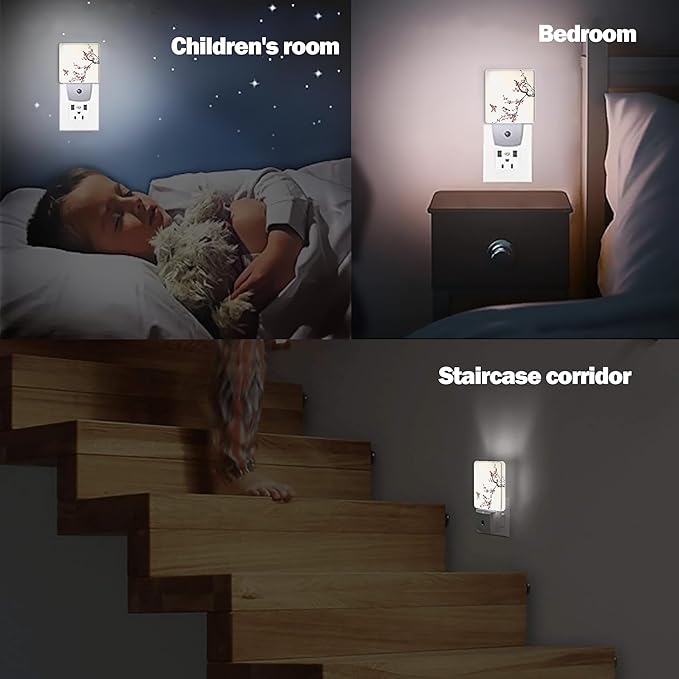 Retro Bird Night Light, Cherry Blossoms Night Lights Plug into Wall Decor for Bedroom, Bathroom, Hallway, Kitchen, Dusk to Dawn Sensor Nightlights for Boys Girls Women Men Room Gifts