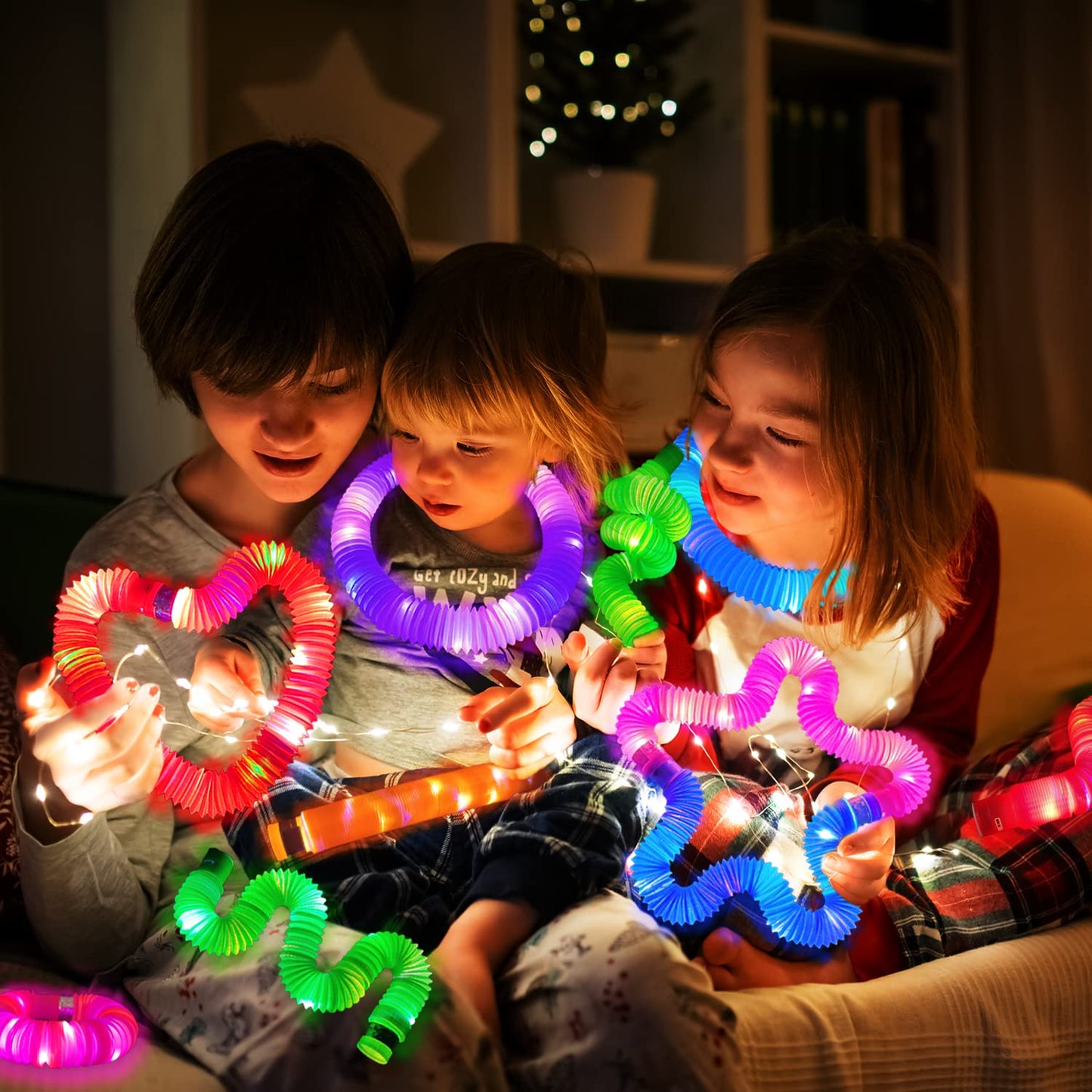 Halloween Glow Sticks Toys Gifts for Toddlers-6 PCS Light Up Pop Tube Party Favors for Kids,LED Bracelet Necklace Accessories,Fun Camping Essentials Games Activities Camp Gear Stuff for Boys Girls