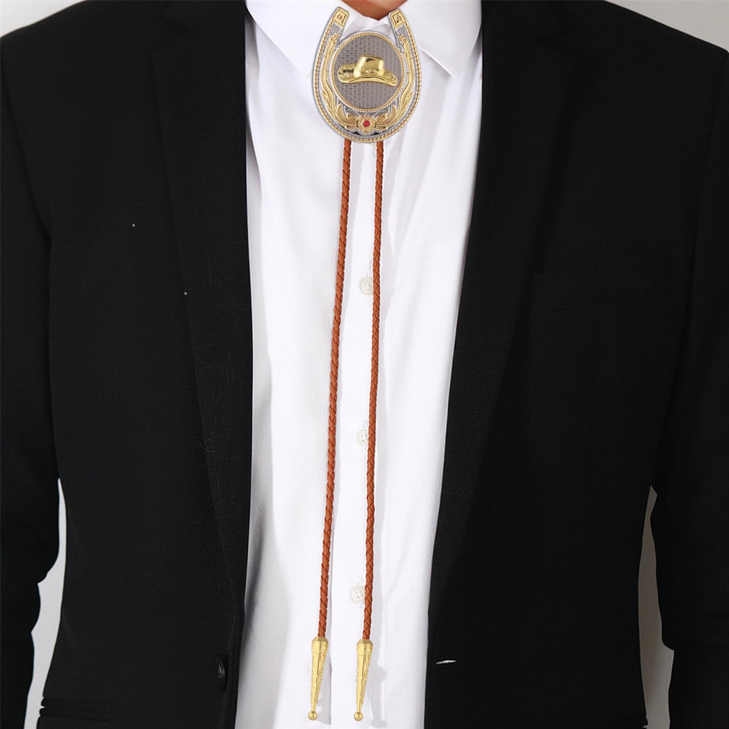 Jeilwiy Men's Bolo Ties Gold Cowboy Hat Bolo Tie 3D Design Western Leather Necktie Brown Bolo Tie for Men