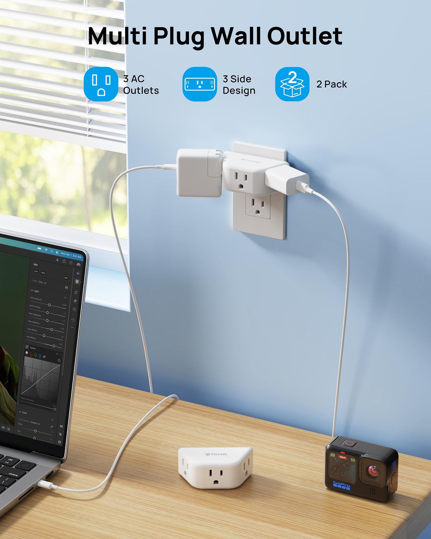 TROND Multi Plug Outlet Extender 2 Pack - Electrical Wall Splitter, 3 Way Angled Wall Outlet Adapter, Cruise Essentials, Small Multiple Plug Expander for Cruise Ship Home Office Dorm Room, White