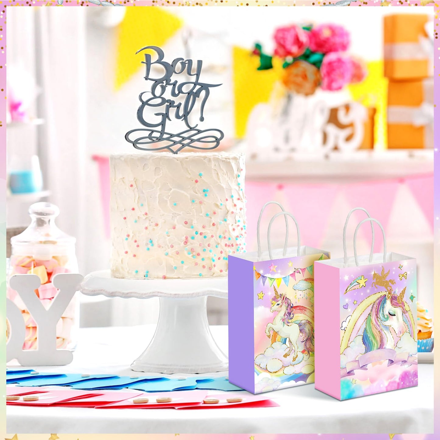 Kolldenn 24 Pcs Unicorn Party Favor Bags for Birthday Party Supplies Cute Unicorn Gift Goodie Paper Bags with Handles Rainbow Goody Treat Candy Pouch for Girls Birthday Baby Shower Decorations