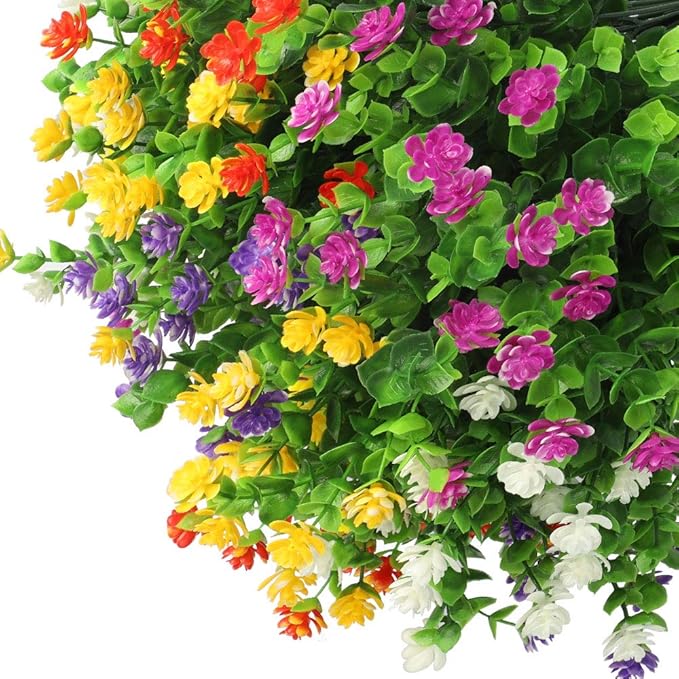 10 Bundles Artificial Flowers, Outdoor Gypsophila Baby's Breath Fake Flowers, UV Resistant Faux Greenery Shrubs Hanging Plants for Home Wedding Garden Porch Window Decoration (Round Leaves)