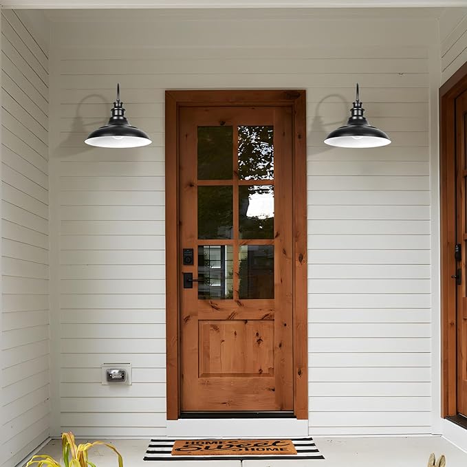 Outdoor Barn Light Fixture, 16 Inch Large Dome Farmhouse Exterior Wall Mount Light, Rustic Gooseneck Wall Sconce Indoor Wall Lighting Fixture, Industrial Black White Lantern for Porch, 1 Pack