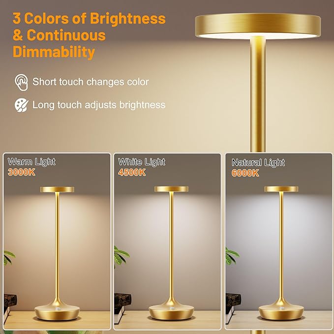Rechargeable Table Lamp Cordless - 6000mAh Battery Operated LED Table Light - Portable Touch Dimmable Outdoor Waterproof Table Lamps for Patio Restaurant Dining (Gold)