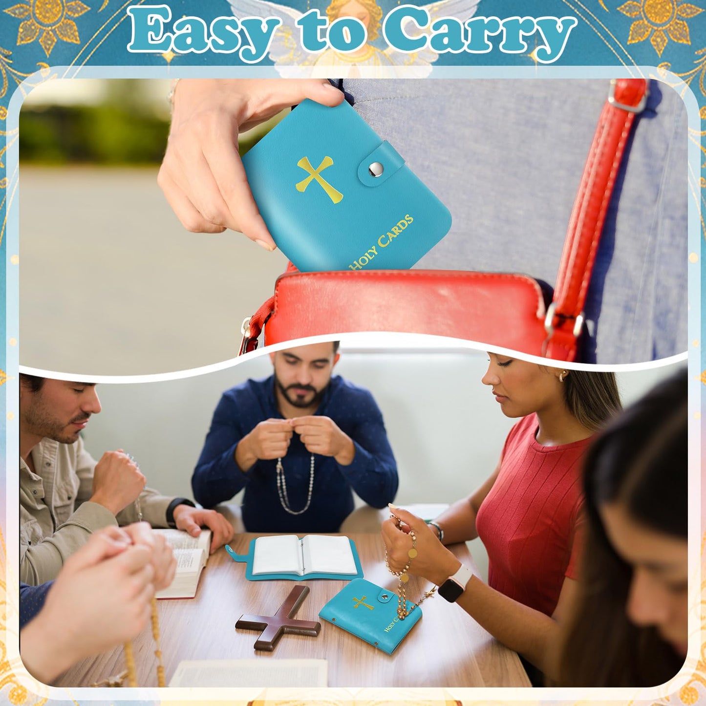 Lerheedi Holy Card Holder Case Faux Leather, up to 40 Prayer Cards with Snap Closure, Portable for Travel, Ideal Religious Gift for Adults, Unisex (Blue)