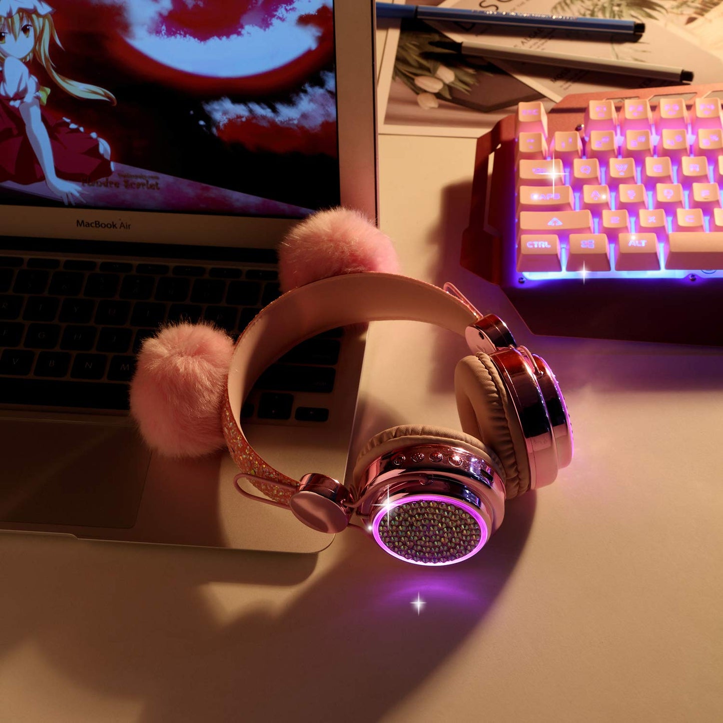 KORABA Wireless Girls Headphones Bluetooth, LED Light up Color Changing Kids Headphones with MIC, 10 Hours Anime Cute Headsets for School,Parties (Pink)