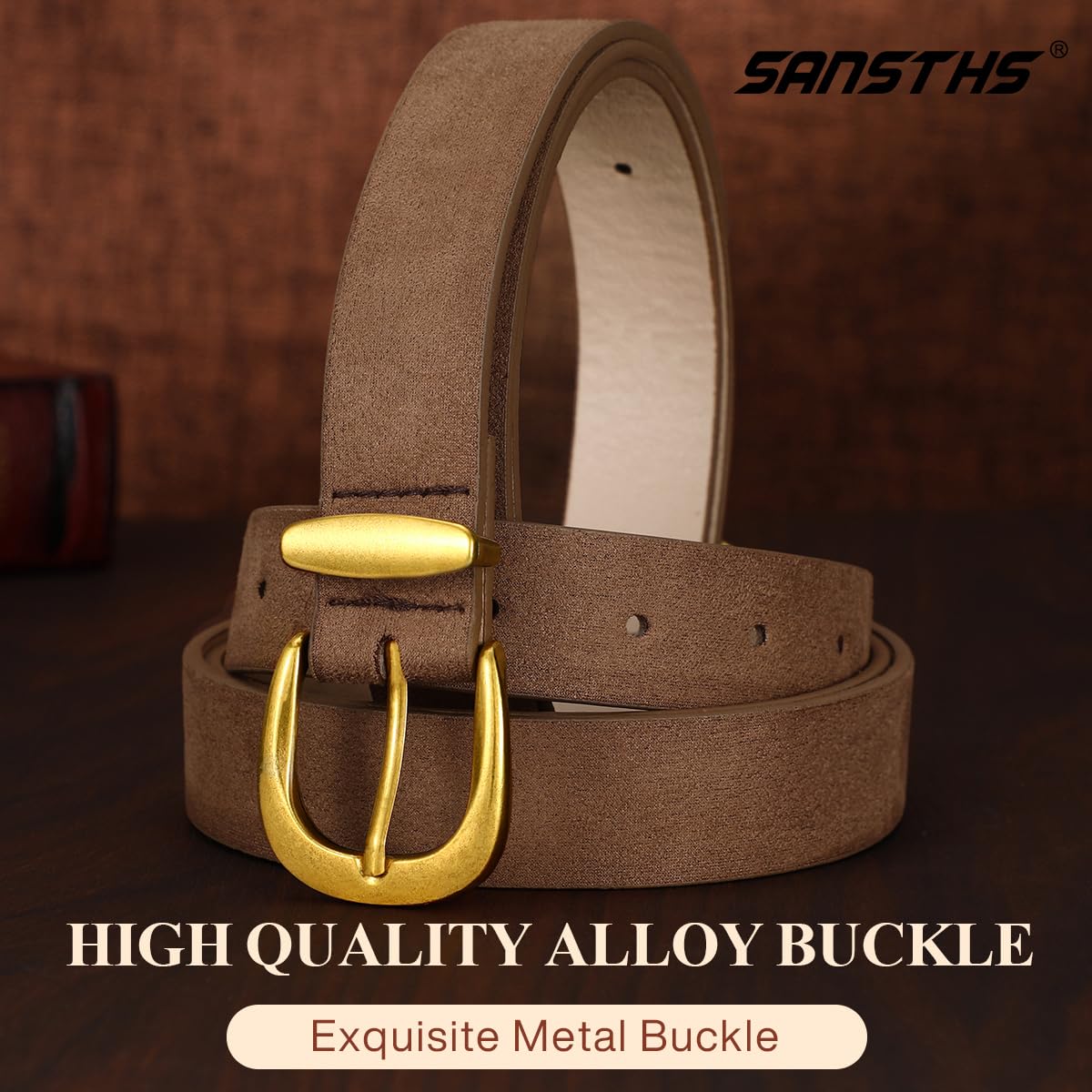 SANSTHS Womens Belt for Jeans Pants Dresses with Alloy Buckle, Floral Print Belt for Women with Unique Print Design, Dark Brown S