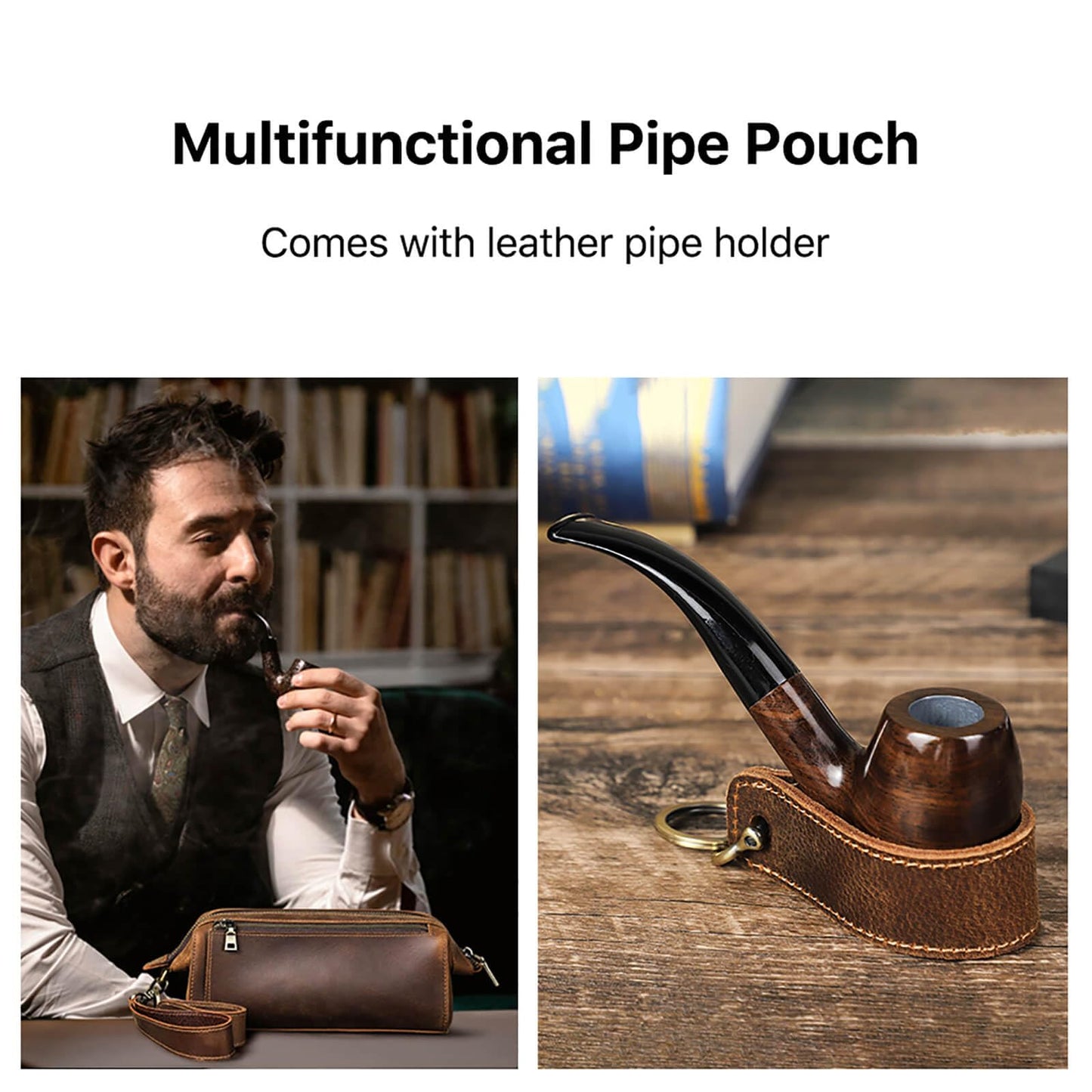Hiram Handcrafted Travel Pipe Tobacco Pouch Pipe Support Stand Full Grain Leather Smoking Pipe Accessories Organizer for 2 Pipes,Lighters,Cigarette Accessories(only pouch case)