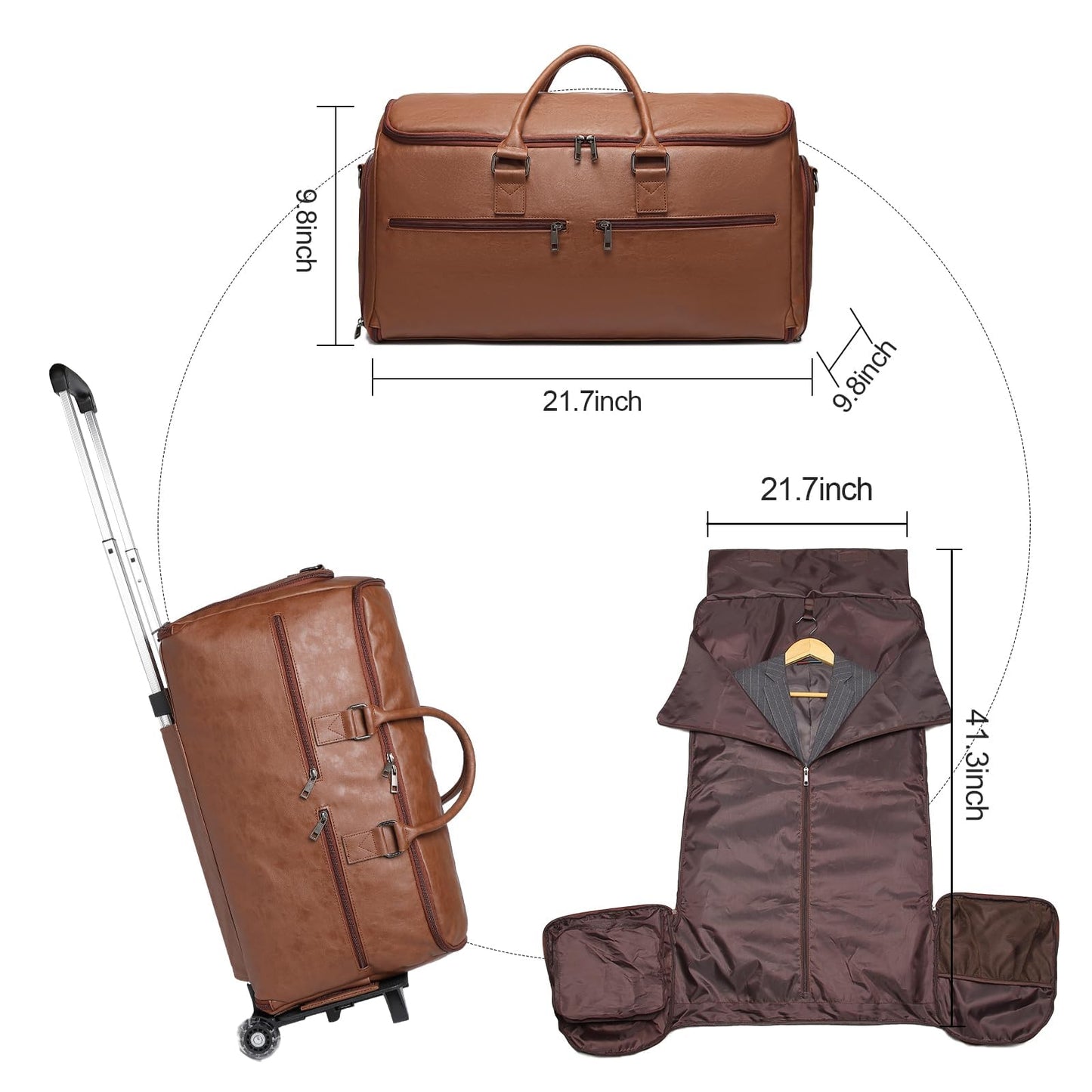 Seyfocnia Rolling Garment Bag With Wheels - Overnight Carry On Suitcase With Shoe Compartment - Convertible Duffle Bag for Travel - Brown