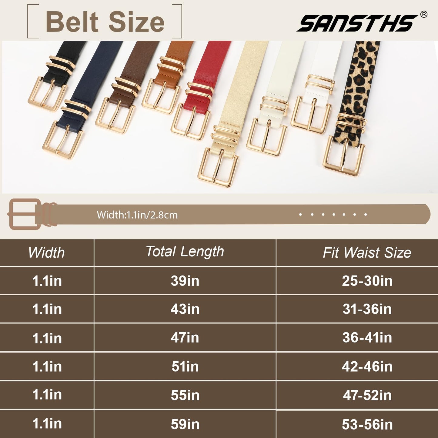 SANSTHS 3 PACK Women Leather Belts for Jeans Pants Dresses Fashion Ladies Waist Belt with Gold Square Buckle,Black Brown Coffee,S