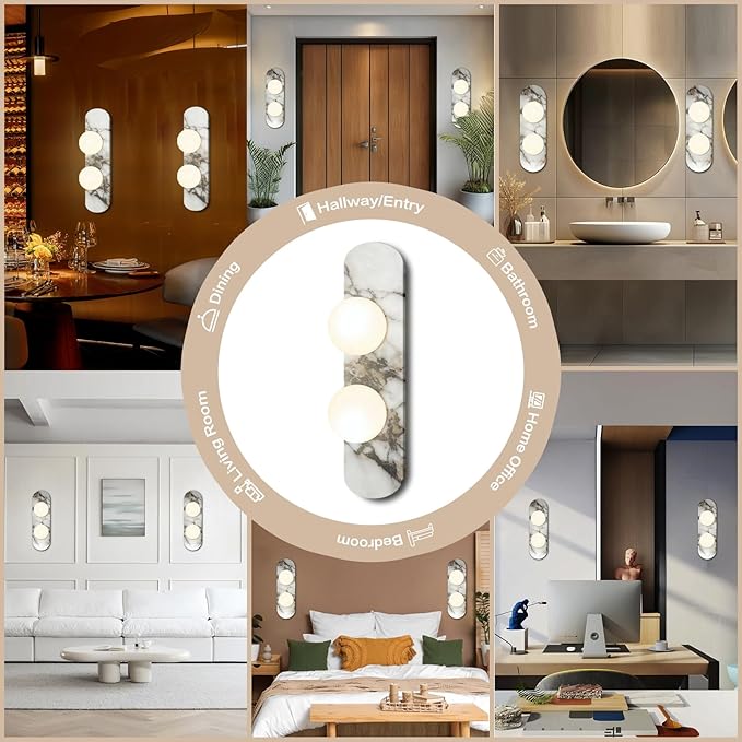 Natural Marble Wall Sconce with Alabaster Glass Globe, Modern Hardwired Wall Light Fixture for Bedroom, Bathroom, Dining Room, Hallway, Stairs (2-Light Sconce)