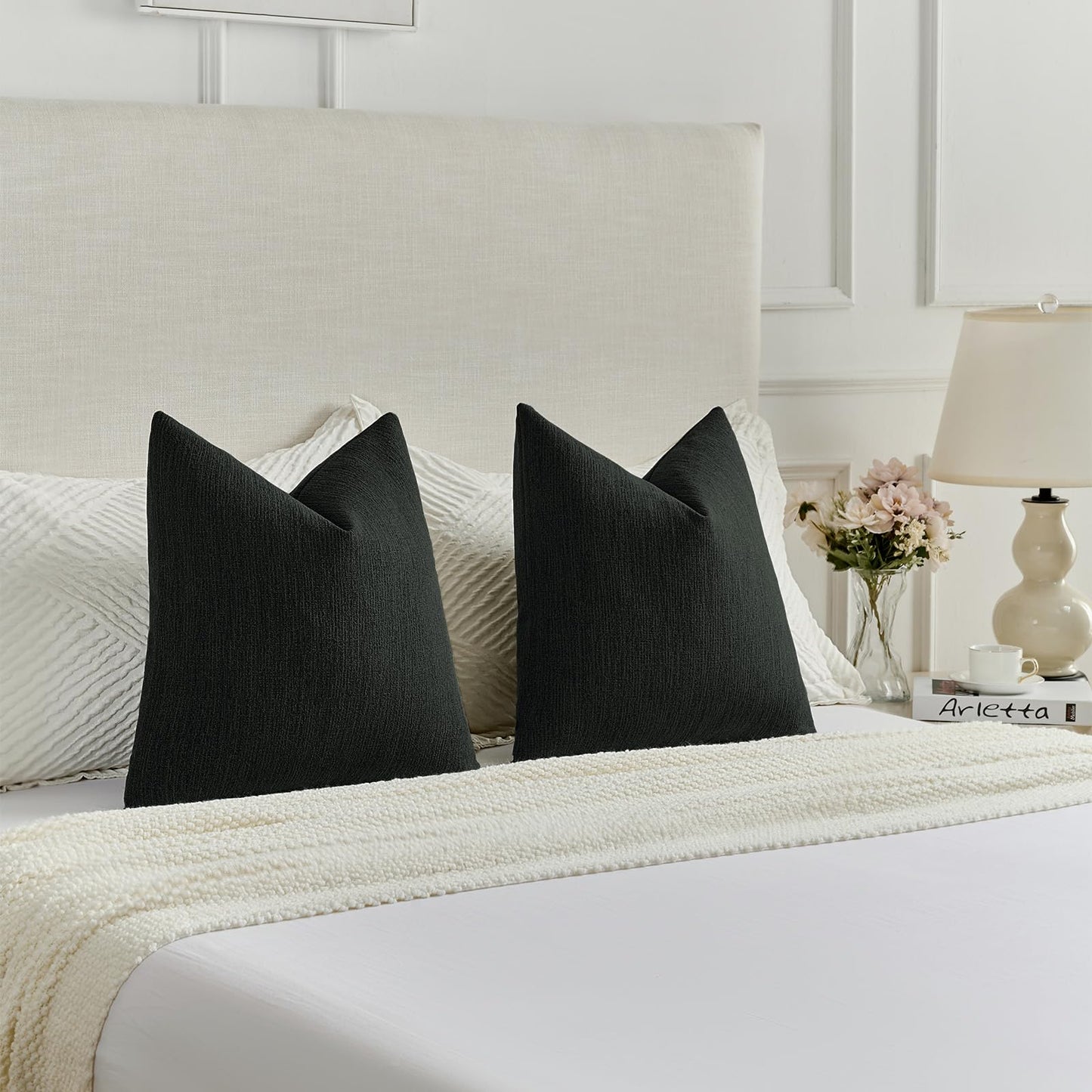 FUTEI Pack of 2 Chenille Decorative Throw Pillow Covers 18x18 Inch,Soft Cozy Faux Linen Textured Cushion Case,Farmhouse Home Decor for Couch Living Room,Black