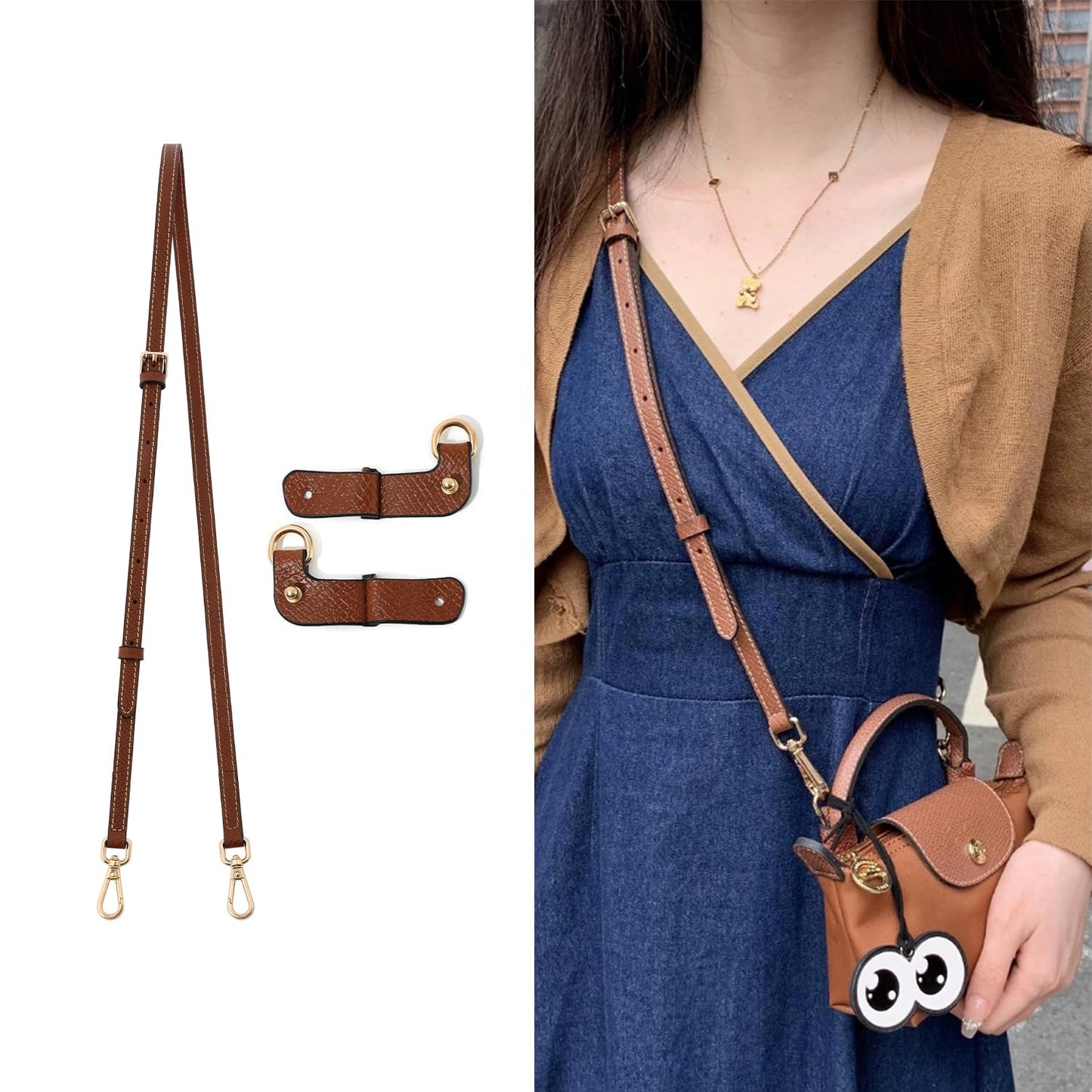 RYYXZXL Leather Purse Straps Replacement Shoulder Strap Leather Adjustable Crossbody Strap Suitable for Long champ Handbags(Brown+gold Hardware)