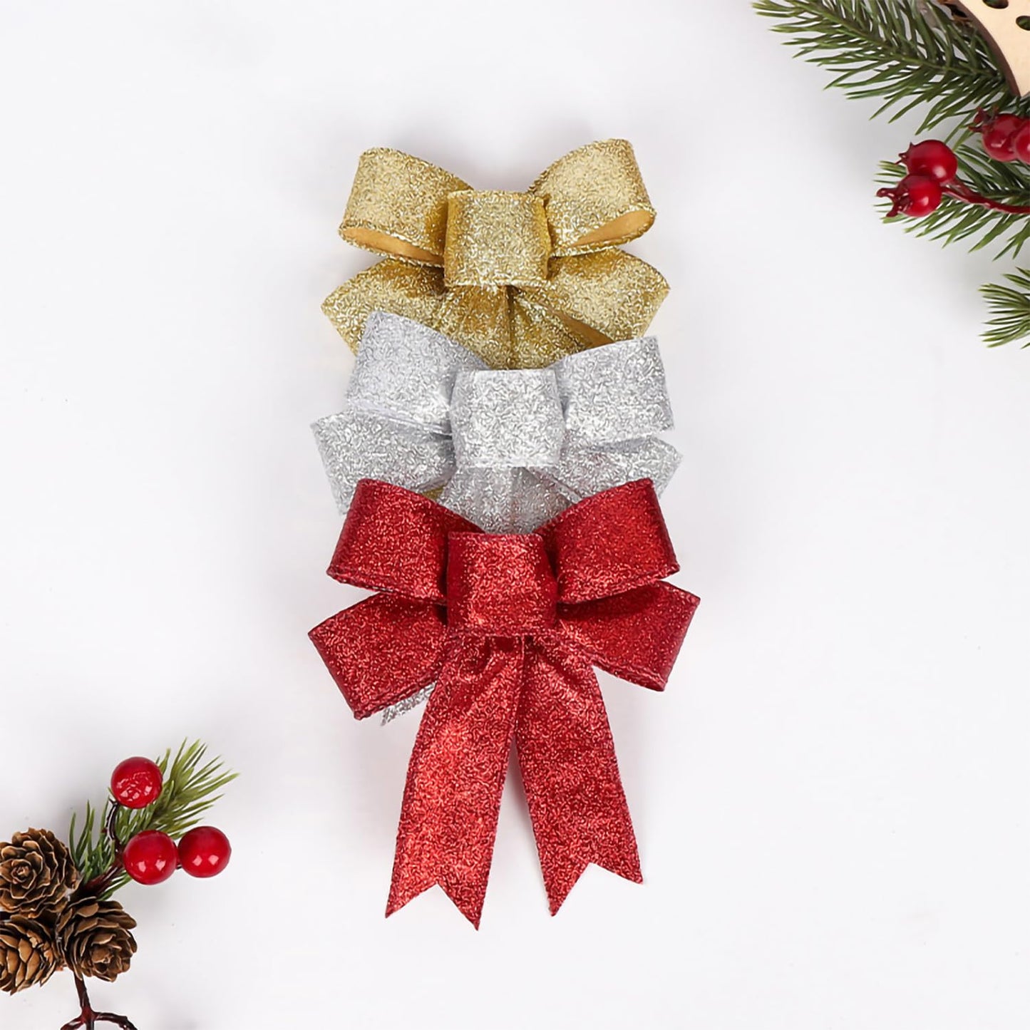 Voeveca 10 Pack 4 inches Shiny Red Christmas Bow Christmas Tree Bows Wreath Decorative Pendant Christmas Decorations Red, Silver, Gold (10, Gold)