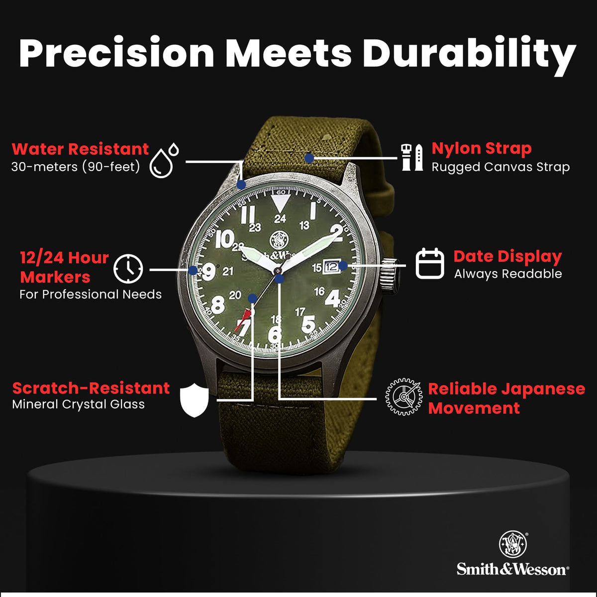 Smith & Wesson Men's Military Watch, 3 Interchangeable Canvas Straps, 3 ATM Water Resistant, Date Display, Scratch Resistant Glass, Military Style Watch for Outdoor Activities, Swimming, 40 mm