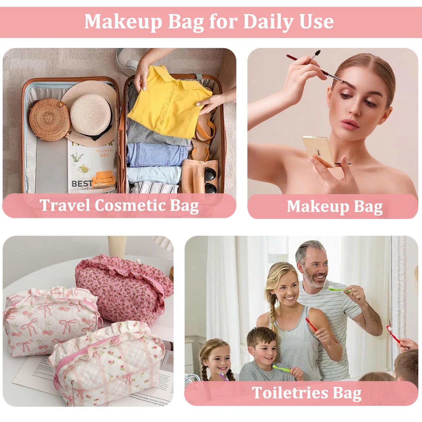 Annpro Cute Makeup Bag Travel Cosmetic Bag for Women,Small Floral Organizer Toiletry Bag Make Up Bags,Coquette Aesthetic Bowknot Toiletry Bag,Soft Cotton Cloth Travel Toiletry Bag (01 Rose Pink)