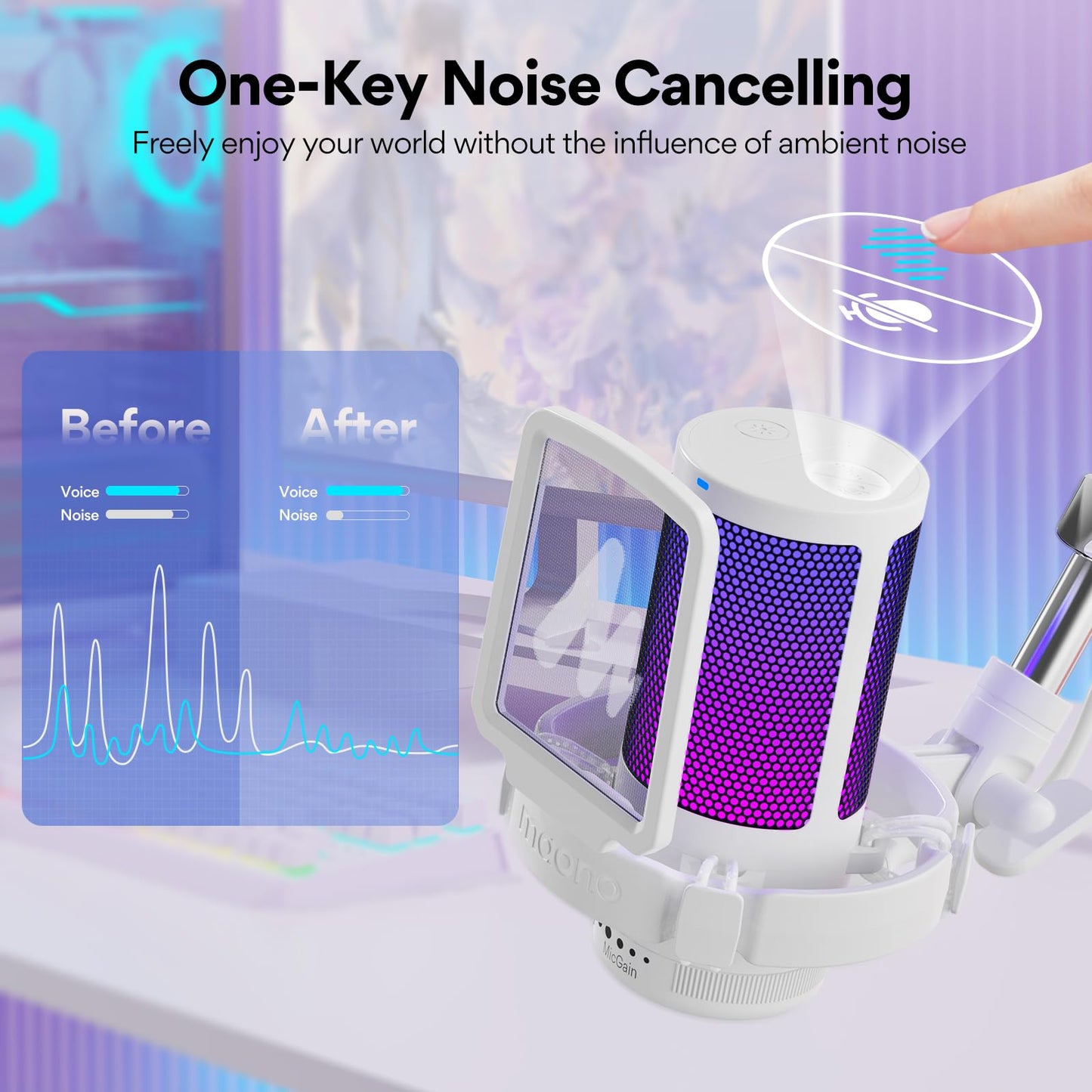 MAONO USB Gaming Microphone with Noise Cancellation, Computer PC Mic with Boom Arm, RGB Light, Mute, Gain, Monitoring Streaming Mic for Podcast, YouTube, Twitch, Discord, PS5/4, GamerWave DGM20S