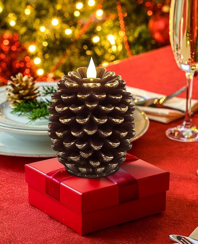 YAUNGEL 2 Pcs Pine Cone Candles Flameless with Remote Timer, Real Wax Christmas Battery Operated Pine Cone Candles, 3D Wick Battery Candle Flickering for Christmas Thanksgiving Day Holiday Home Decor