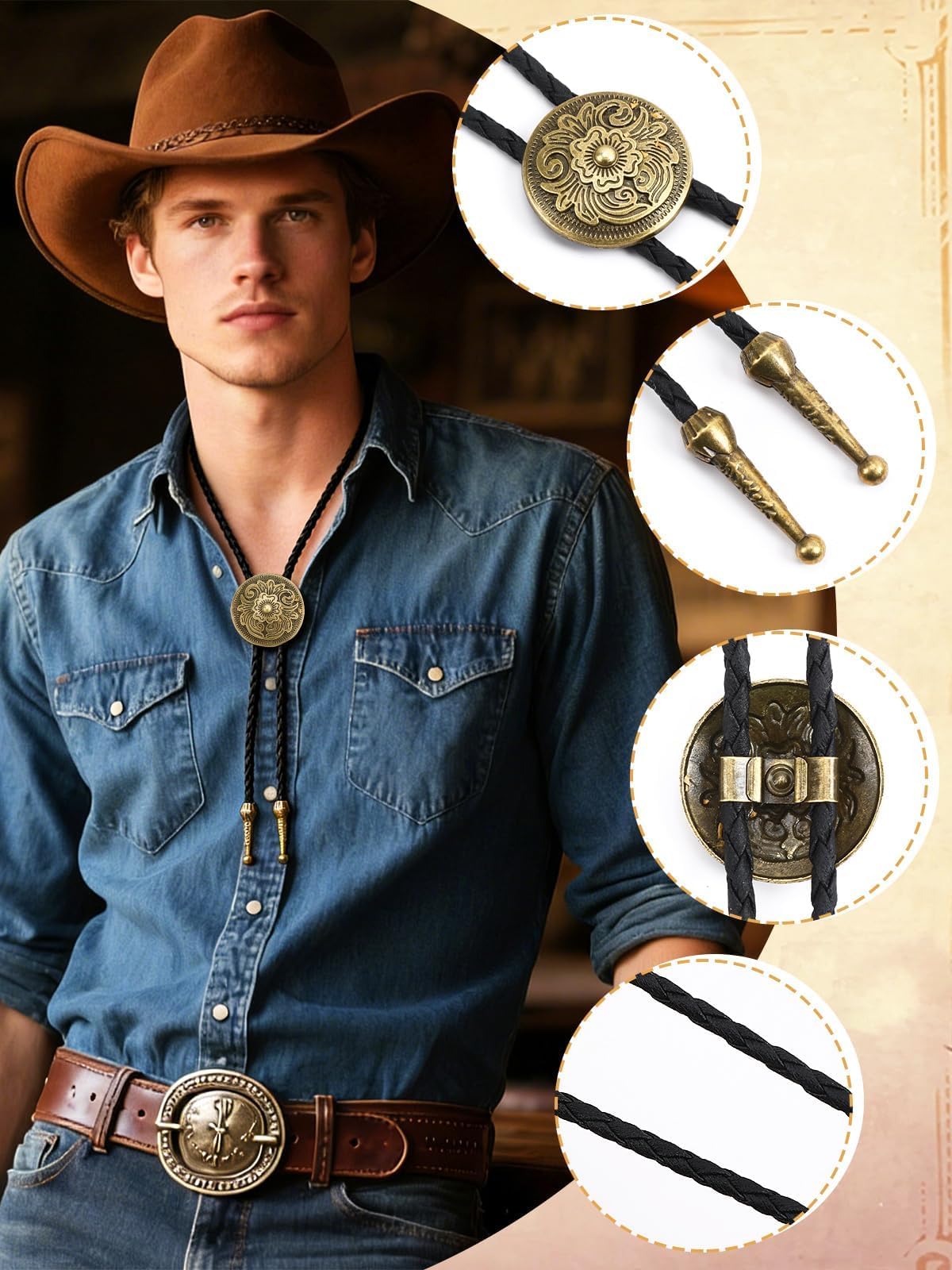 BOARDFEB 8 Piece Vintage Bolo Tie Set Adjustable Bolo Ties Western Leather Necktie Adjustable Costume Accessories Cowboy Cowgirl Gift for Weddings Retro Party Supplies