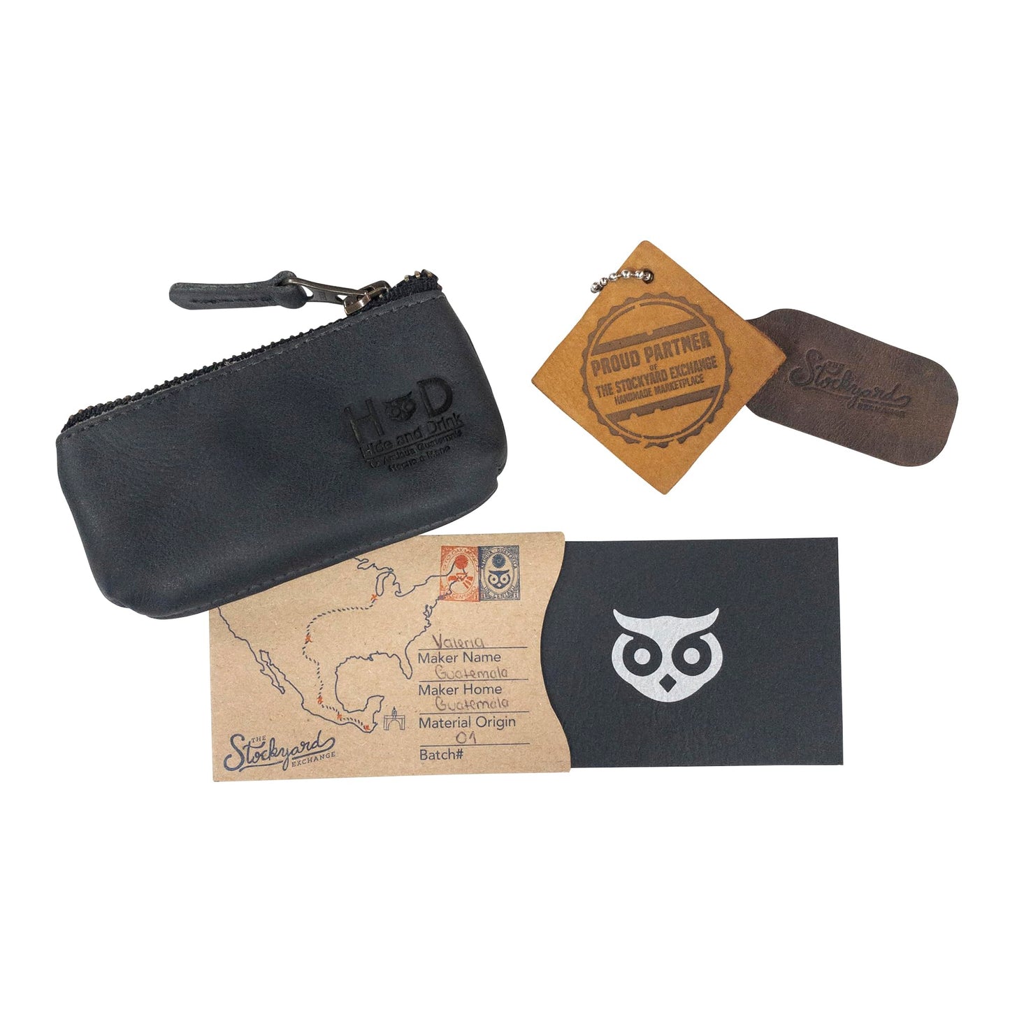 Hide & Drink, Leather Key Holder Pouch, Zippered Coin Bag, Money Purse, Earphone Holder, Charging Cable, Memory Cards Organizer, Vintage Style, Handmade (Charcoal Black)
