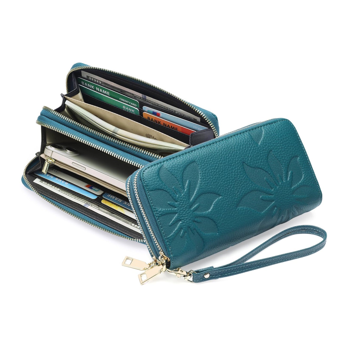 GOIACII Women's Wallet Large Capacity Double Zip Around Credit Card Holder Leather Ladies Wallet with RFID Blocking Phone Wristlet Purse Teal