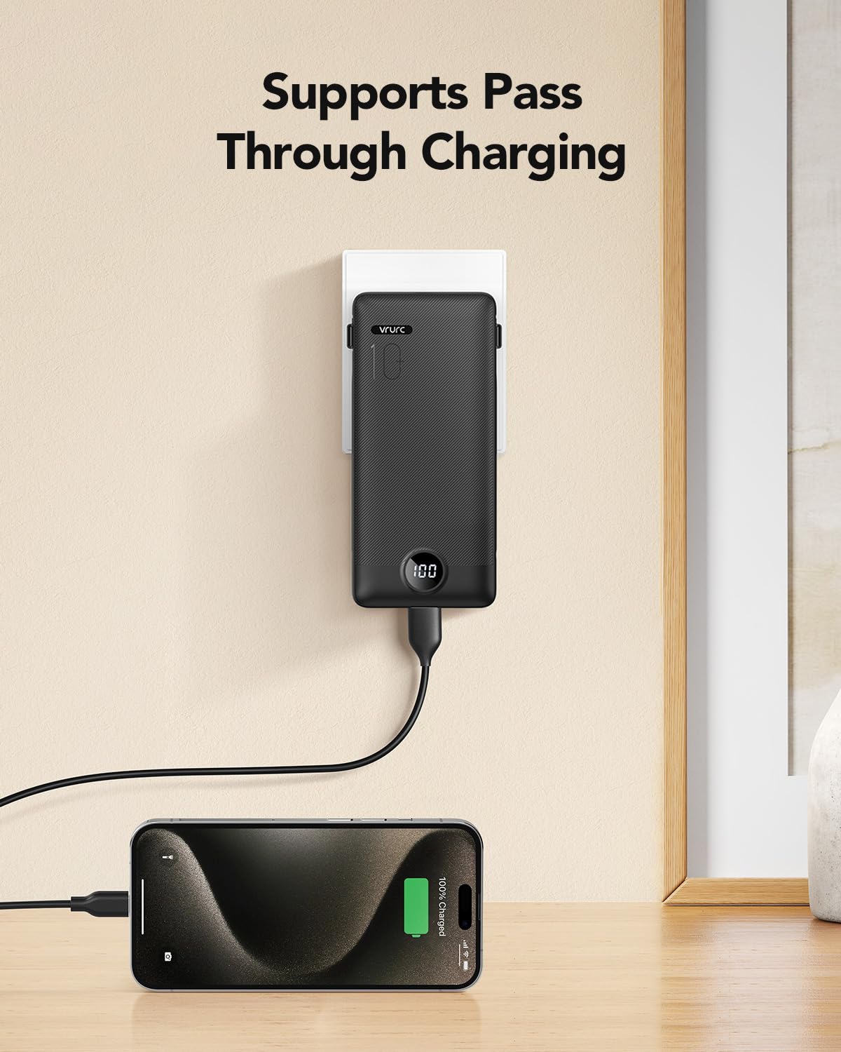 VRURC Portable Charger Built-in Cables and AC Wall Plug, USB C Power Bank 10000mAh, Travel Essentials Phone Charger Compact Lightweight External Battery Pack for Smart Phones, Tablets-Pure Black