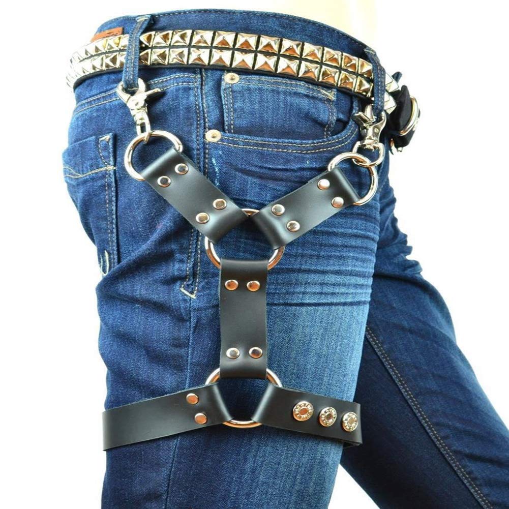 Pinwe Black Leather Thigh Leg Garters Belt Punk Harness Body Chain Cage for Women or Men