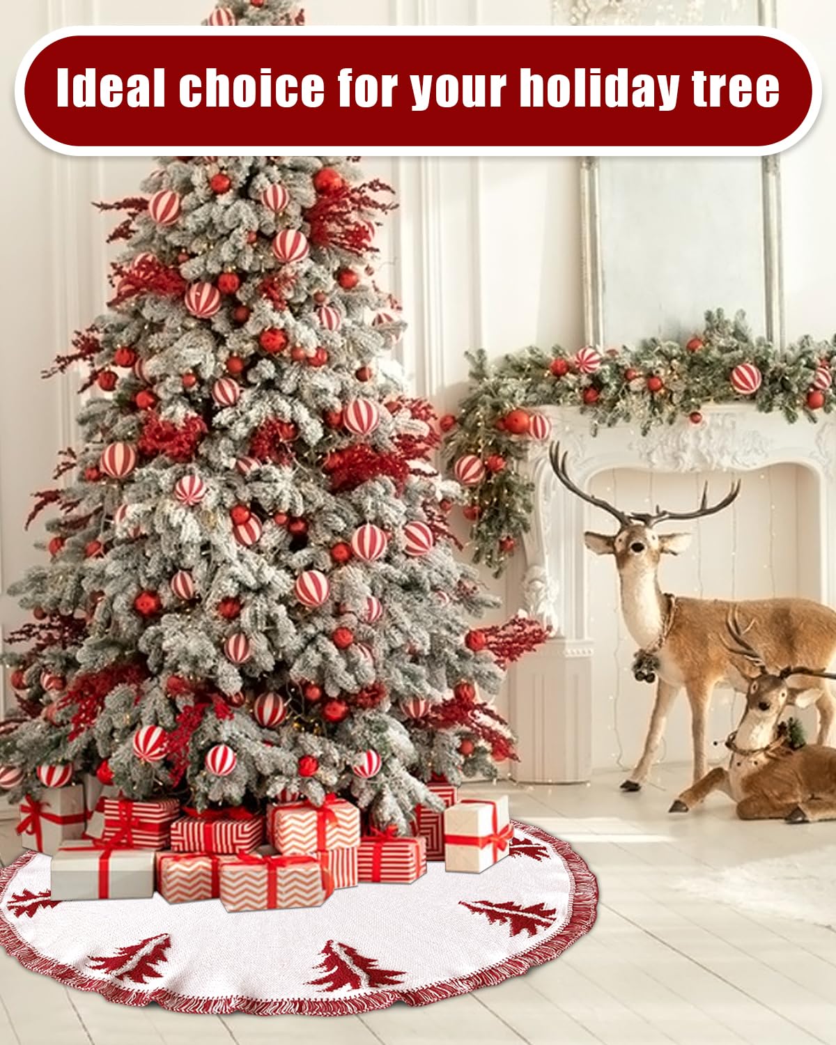 Christmas Tree Skirt, Christmas Decorations, 48 Inch Knitting Retro Xmas Tree Skirt Décor Skirt for 6/7 ft Trees (White with Red)