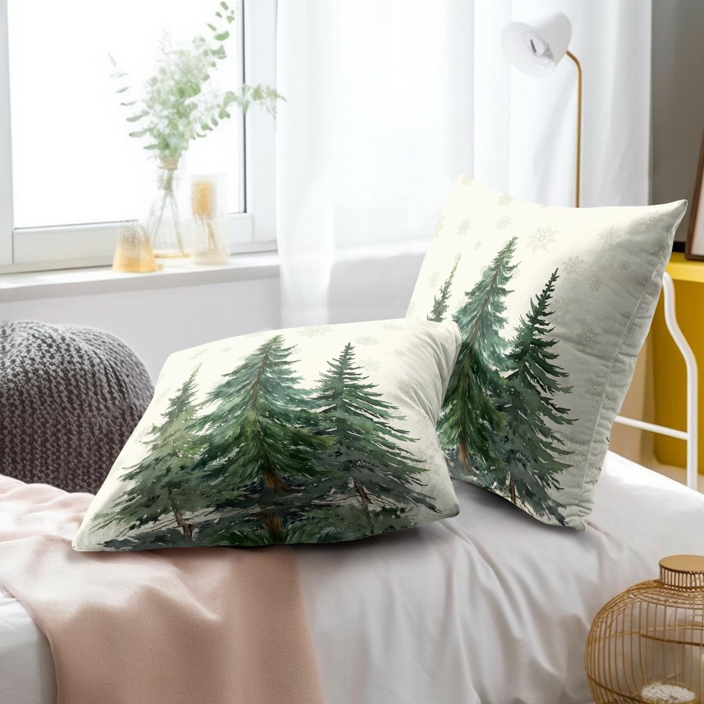 Green Christmas Tree Pillow Covers 16x16 In, Winter Nature Birch Forest Snowflake Throw Pillows Cover Farmhouse Decorative Pillow Case for Couch Bed Sofa Outdoor Patio Decor