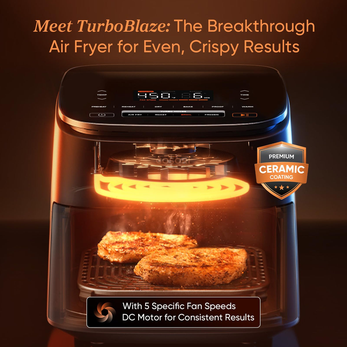 COSORI Air Fryer 9-in-1, Compact & Large 6-Qt, Premium Ceramic Coating, 90โ450ยฐF Precise Heat for Even Results, Up to 95% Less Oil*, Roast, Bake, Dry, Reheat, Frozen, Broil, Proof, 120V, TurboBlaze