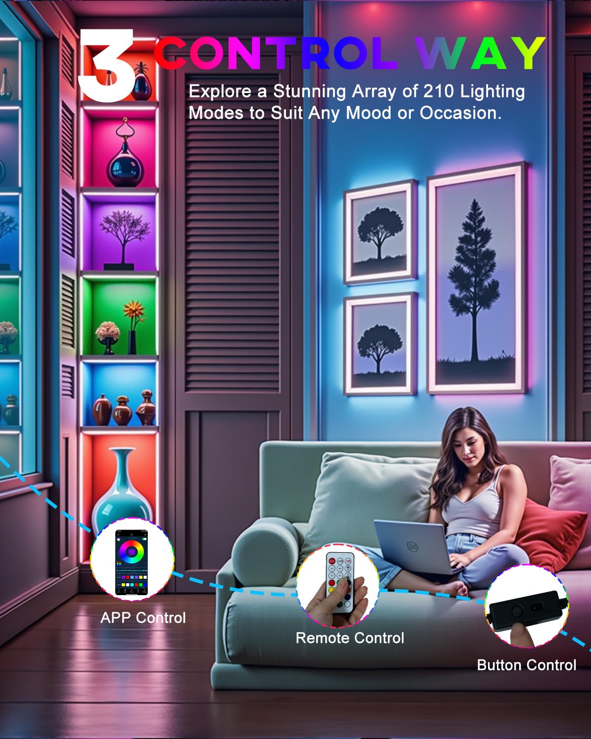 Keiurot 4 Pre-Cut RGB LED Strip Lights with App Remote Control, 5V USB