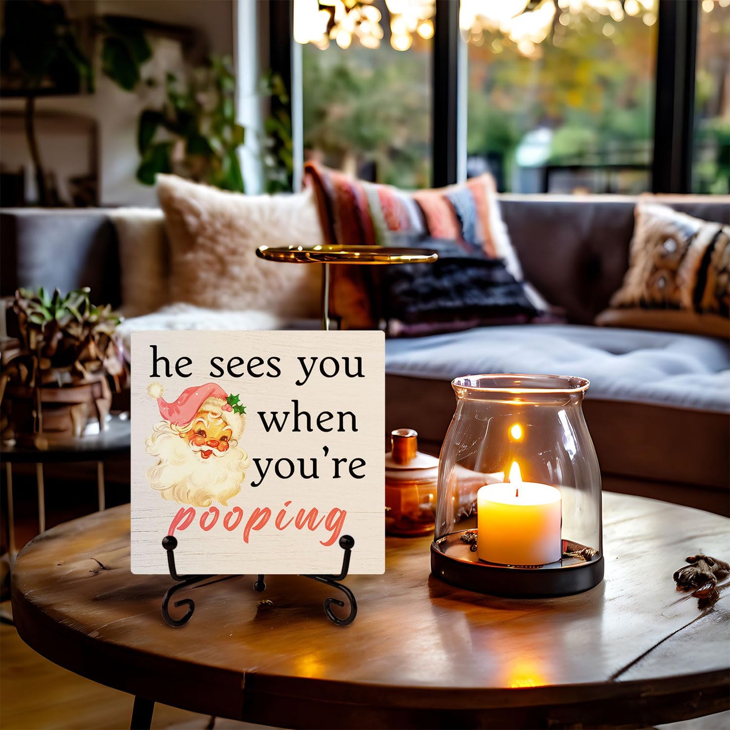 SkipTiger Funny Christmas Bathroom Wooden Desk Sign, He Sees You When You're Pooping Pink Christmas Santa Wood Plaque With Stand for Bathroom Toilet Restroom Shelf Counter Decor