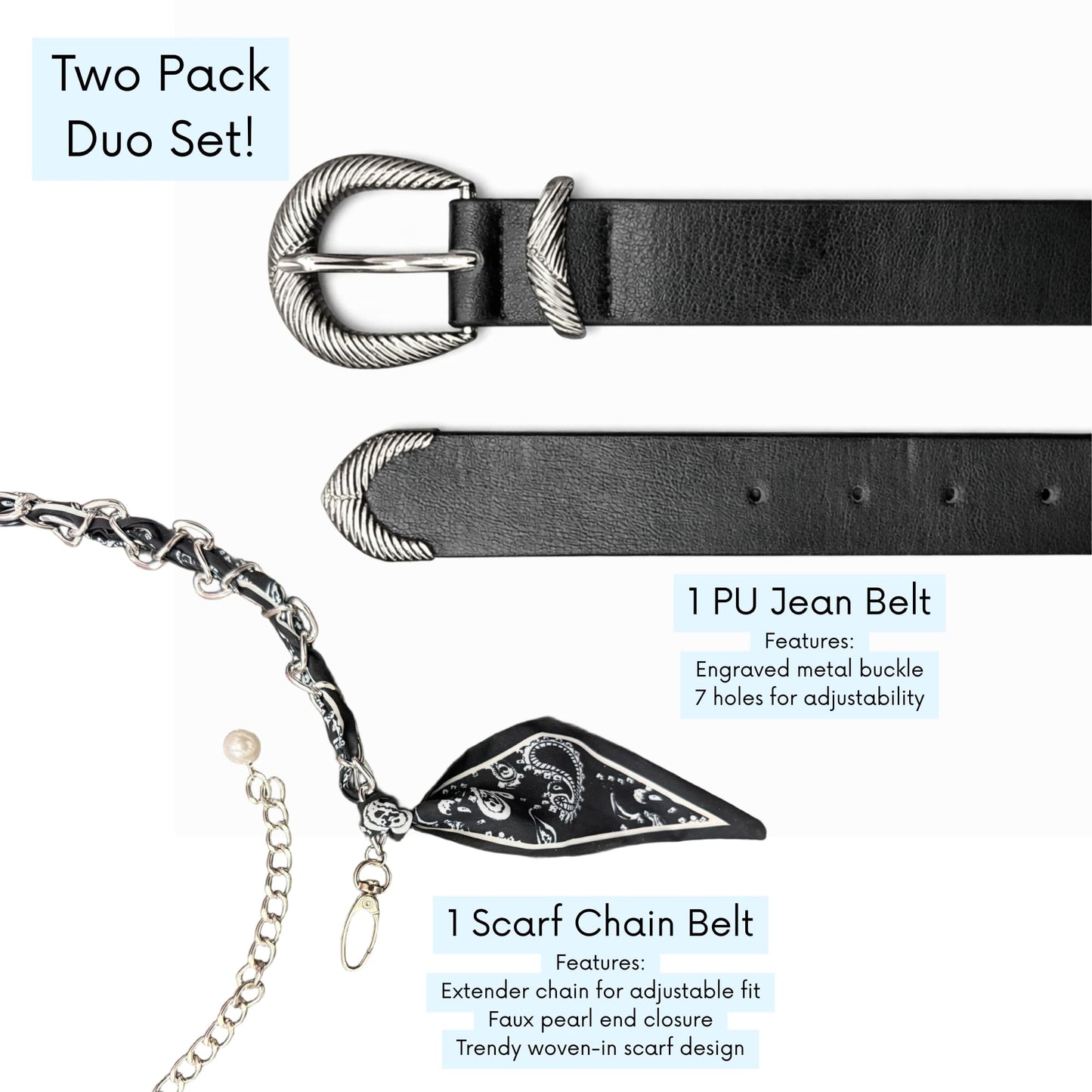 Women’s 2-Pack Belts – Faux Leather Skinny Jean Belt and Scarf Chain Belt – Stylish Waist Accessories for Everyday Wear (Black with Black Scarf Belt, L/XL)