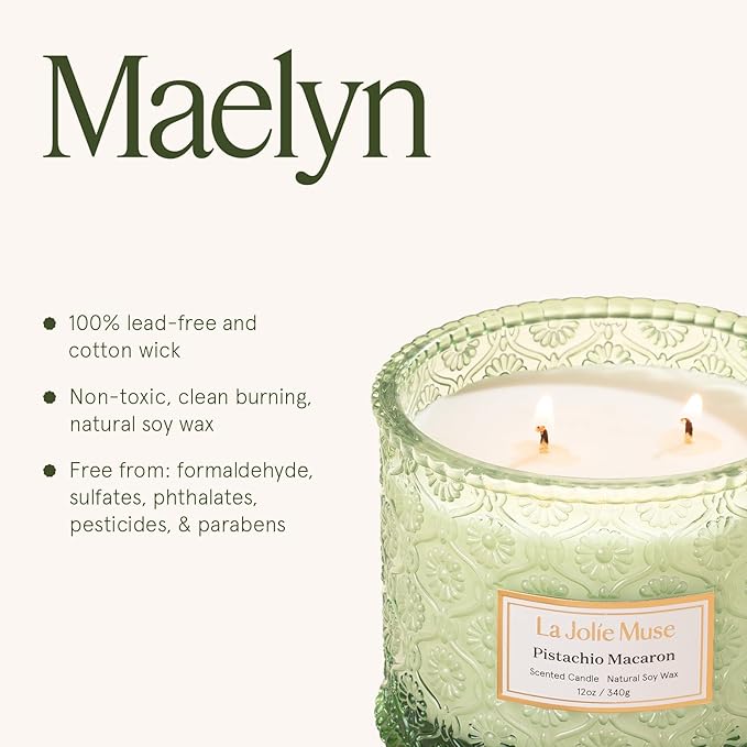 LA JOLIE MUSE Pistachio Macaron Candle | Pistachio, Milk & Vanilla | 12 oz Double Wick Soy Candle | Natural Soy Wax | 60 Hours Clean Burn | Holiday Gift for Dessert Lovers | Seasonal Home Décor