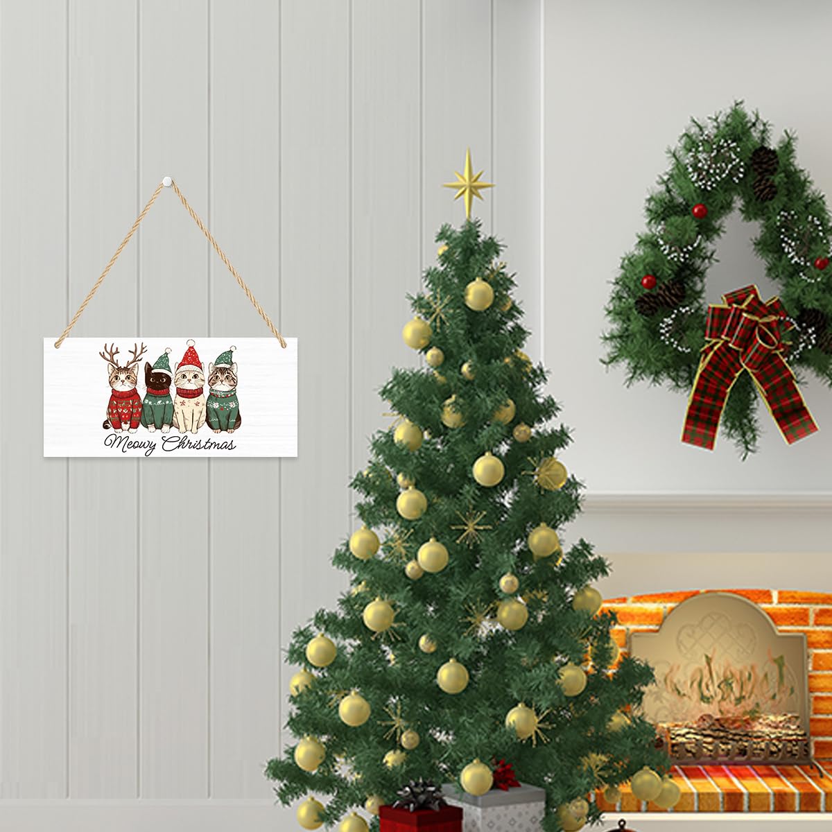 Cute Christmas Cats Decor Merry Christmas Sign Cat Lover Gifts Xmas Tree Party Decoration Winter Decoration Wooden Signs Rustic Hanging Plaque Home Wall 12 x 6 inches