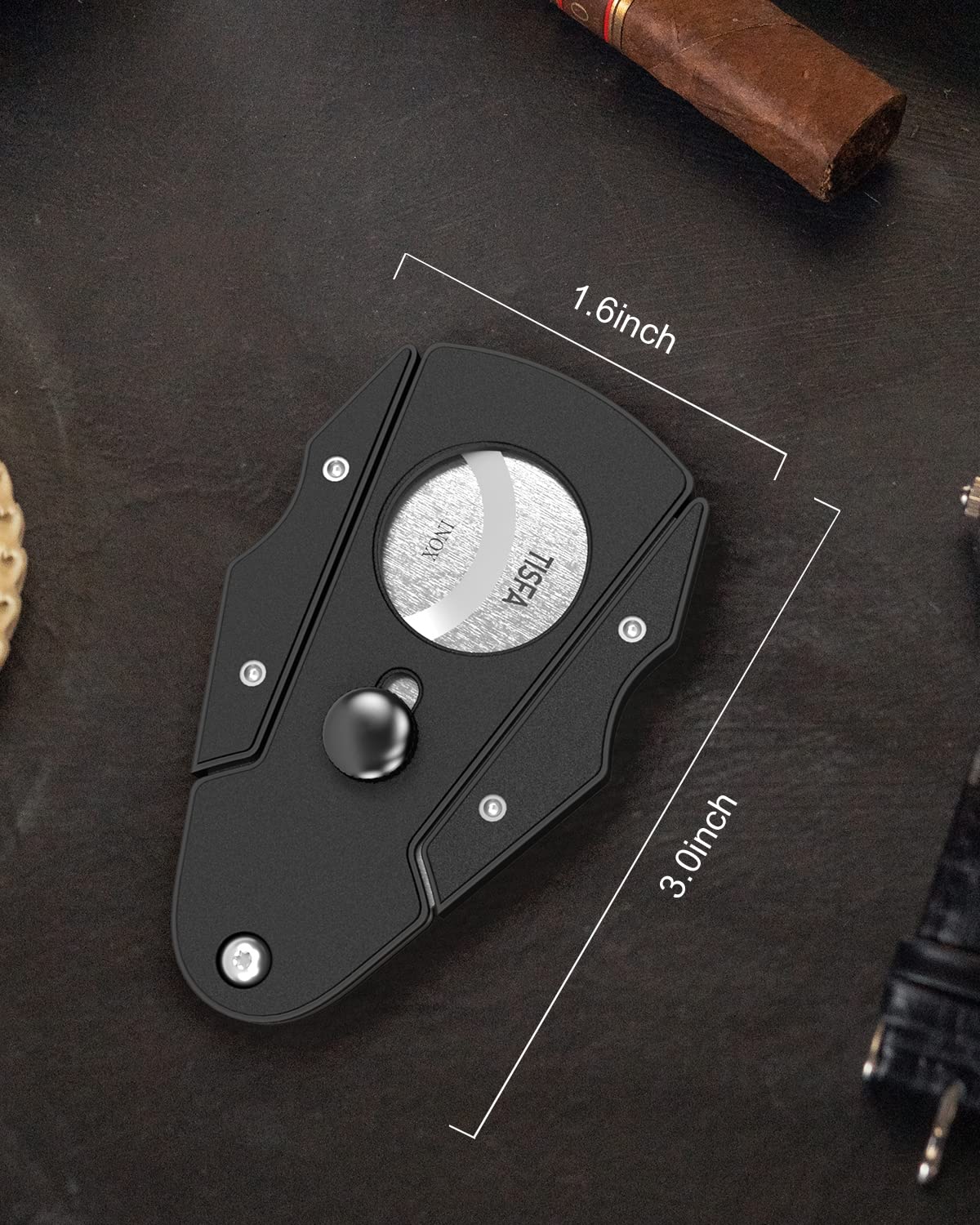 TISFA Cigar Cutter Stainless Steel Double Cut Blade with Safety Lock Cigar Guillotine, Sharp Cigar Clipper Scissors with Leather Case (Black)