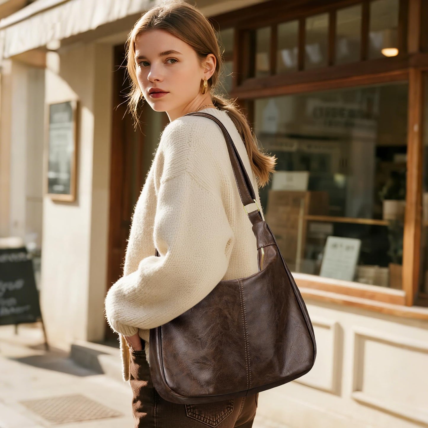 Sightor Hobo Bags for Women Leather Slouchy Bag Ultra Soft Vegan Purse Vintage Shoulder Bag Trendy Everyday Handbag (Coffee)