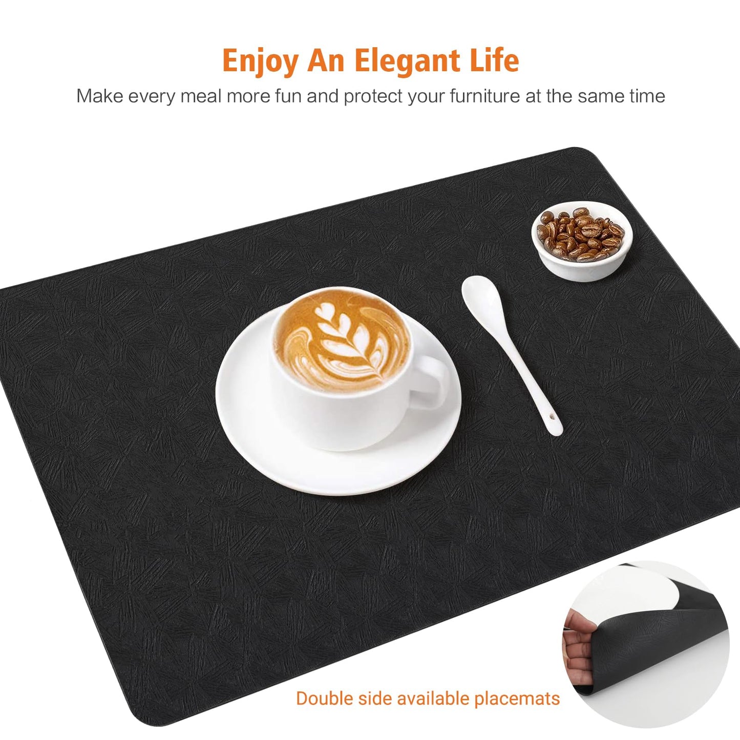 Bxzandya Vinyl Placemats Set of 6 Heat Resistant Easy Clean Non-Slip Place Mats for Dining Table Faux Leather Waterproof Stain Resistant Wipeable Washable PVC Table Mats(6, Black)