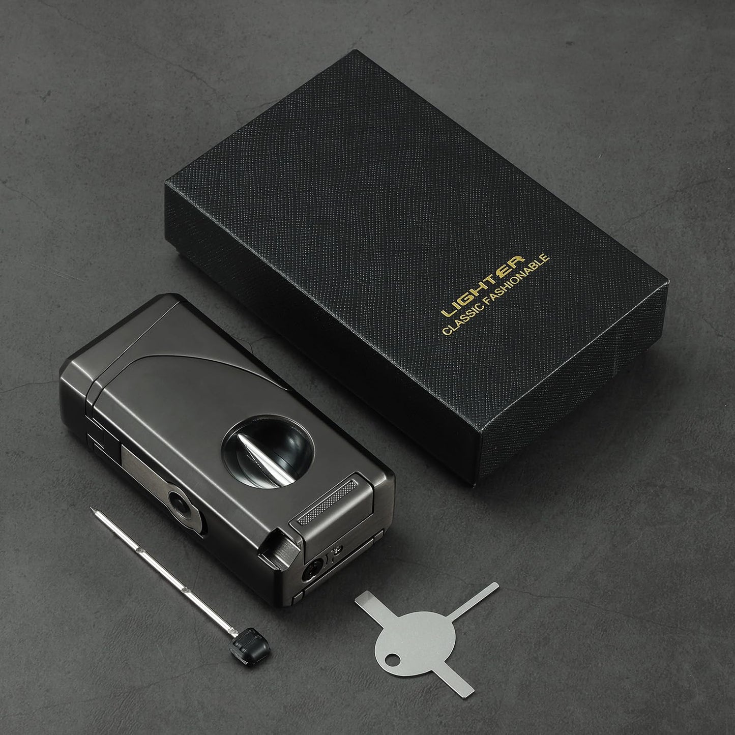 All in One Triple Jet Flame Butane Torch Lighter Built-in Cutter, Cutter V Cut, Punch, Holder Function, Draw Enhancer Tool, Refillable Windproof Gas Lighter, Mens Gifts. Grey(Sold Without Gas) 
