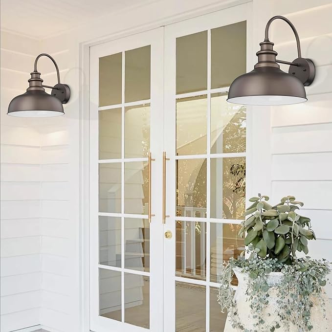 Bestshared Gooseneck Barn Light 14 Inch Dome Farmhouse Wall Sconce, Outside Wall Mount Light, Exterior Lighting Fixture, Front Door Porch Lantern Lamp for Entryway, Patio (ORB+White, 14” Dome-2Pack)