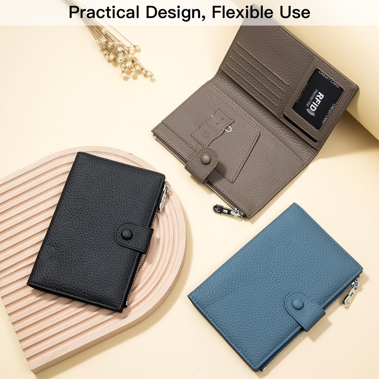 Genuine Leather RFID Blocking Passport Holder Wallet, Multi-Functional Travel Document Organizer with SIM Card Slots (Dark Khaki)