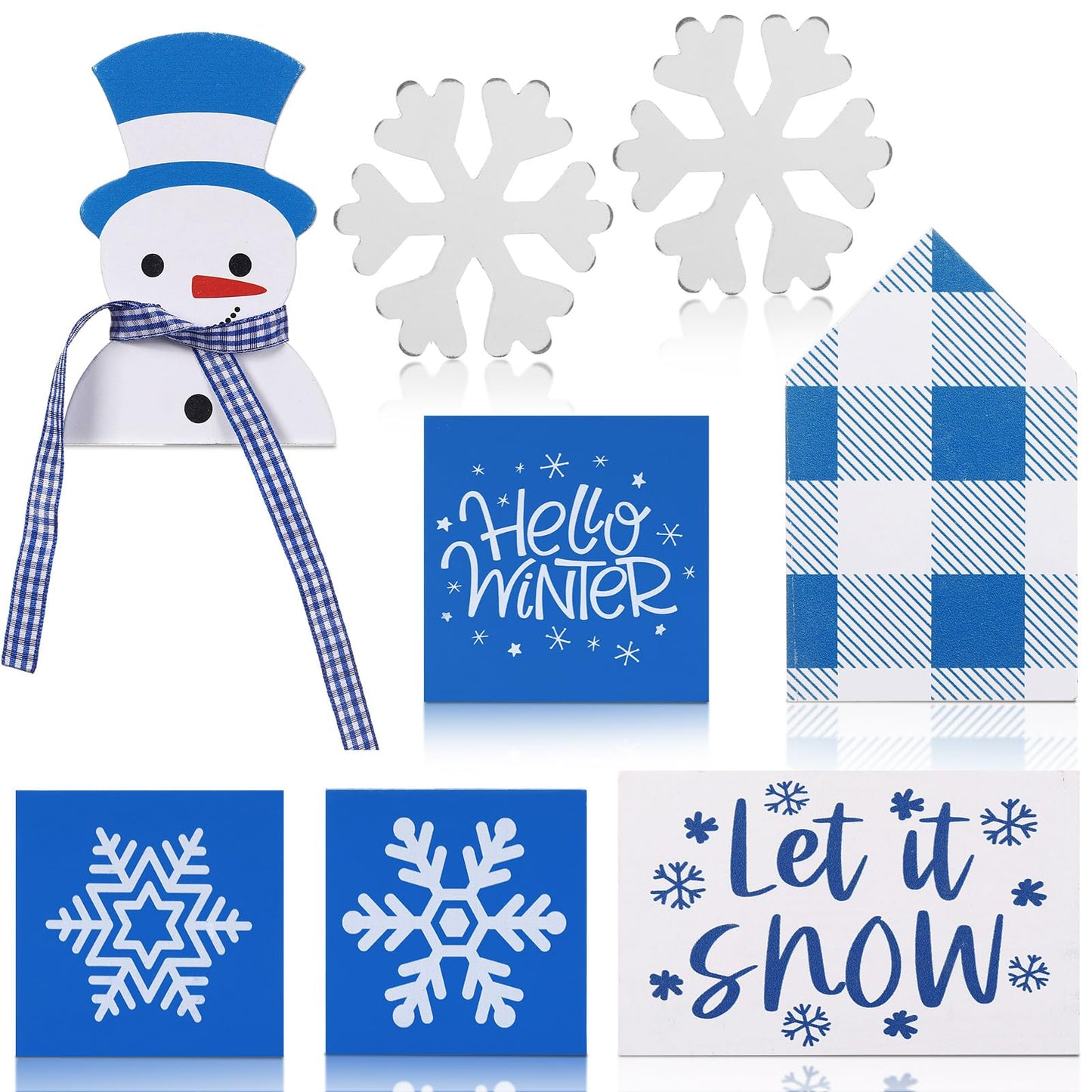 Sawysine 8 Pieces Winter Tiered Tray Decor, Let It Snow Sign Decor Farmhouse Snowflake Wooden Signs for Holiday Shelf Kitchen Coffee Bar(Dark Blue, White)