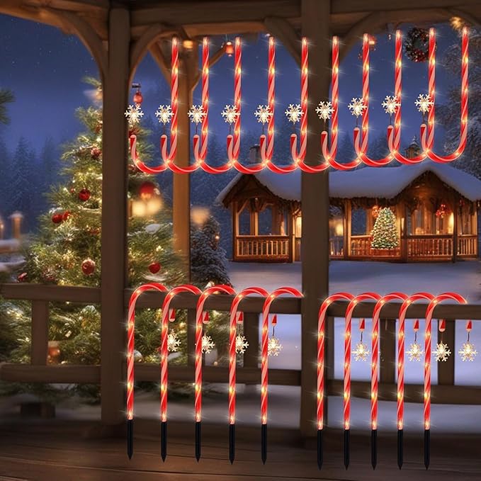 Solar Christmas Lights Outdoor Decorations, 20 Pack Solar Christmas Candy Cane Lights with Snowflake, Outdoor Waterproof Christmas Pathway Lights for Patio, Garden, Yard, Street, Park, Holiday