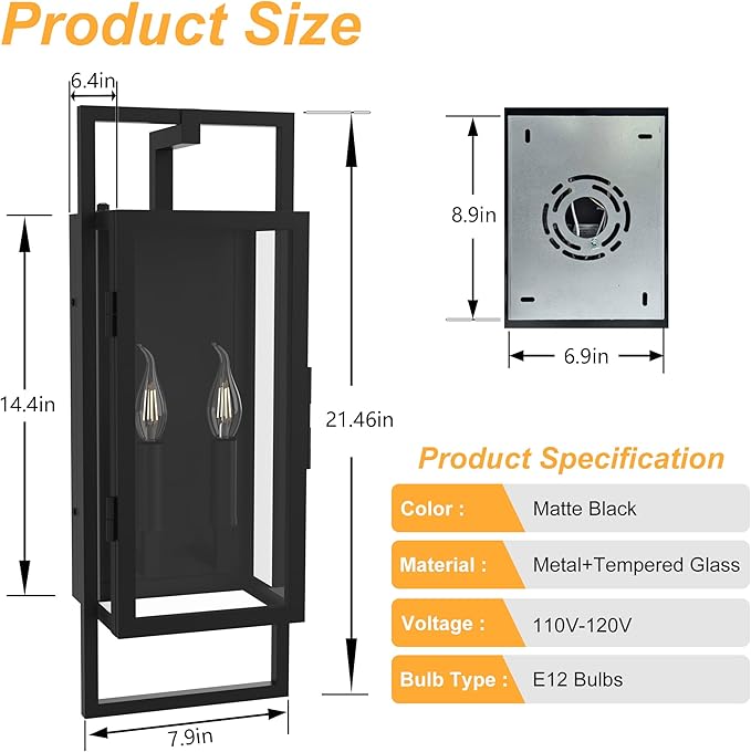 ππ.ππππ Outdoor Light Fixture, Dusk to Dawn Outdoor Lighting 2-Light, Waterproof Outdoor Wall Lights with Tempered Glass, Black Front Open Window Outdoor Lights for House Porch Patio