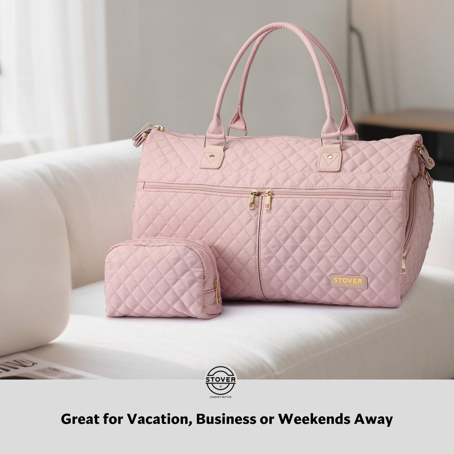 STOVER Women’s Convertible Garment Duffel Bag for Travel – 2-in-1 Carry-On Weekender/Overnight Tote - Wrinkle-Free Dresses, Suits & Clothes + Shoe Compartment & Bonus Toiletry Bag (Blush Pink)