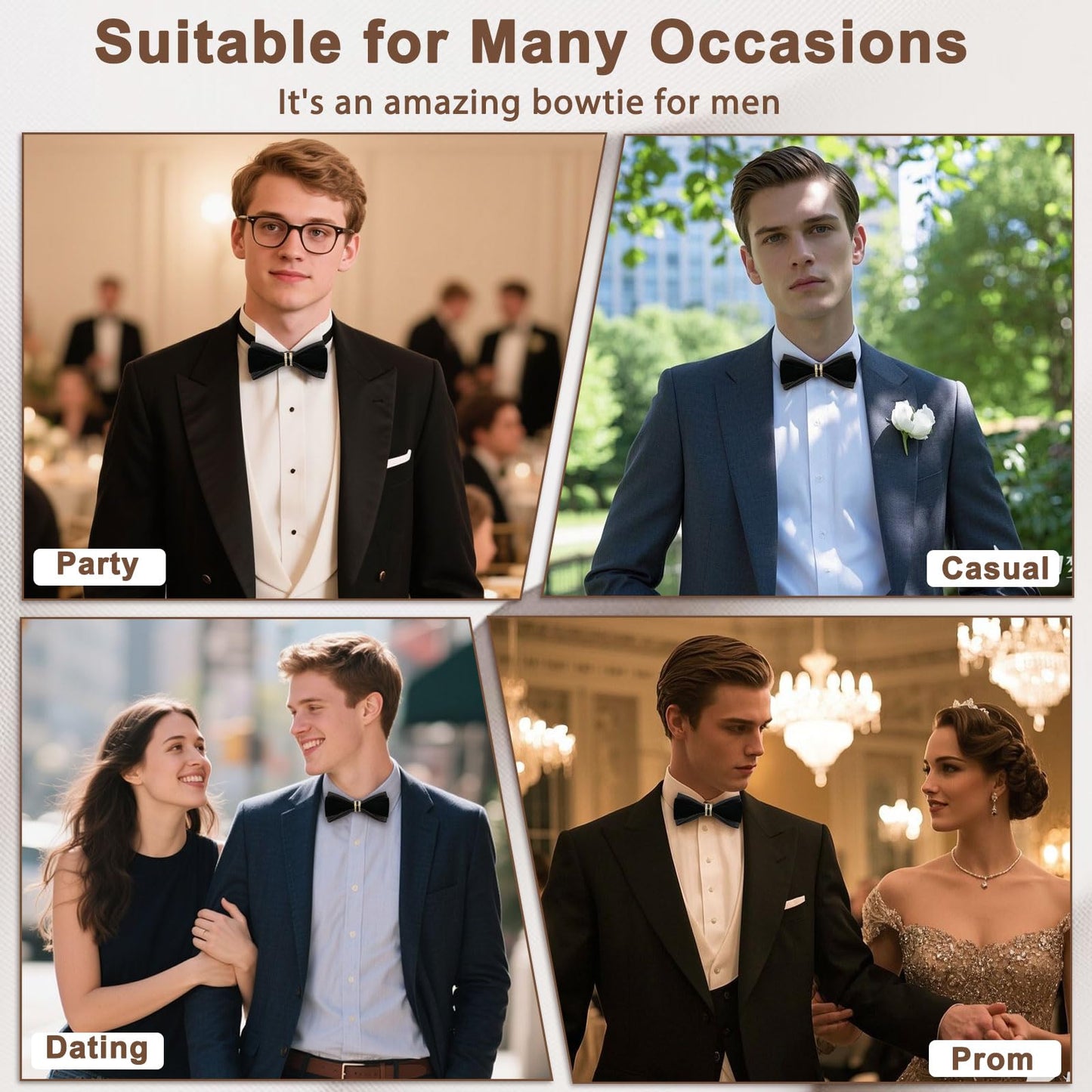 Gsyziux PU Leather Bowtie Rhinestone Velvet Bow Ties for Men, Pre-tied Adjustable Mens Bow Tie for Tuxedo Wedding Party Prom (Black)