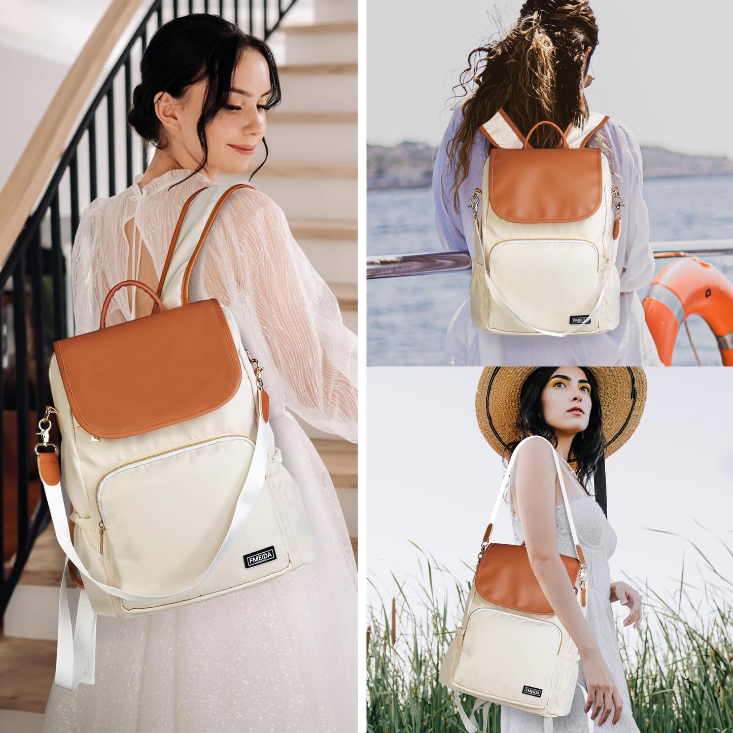 Fmeida Anti-Theft Backpack for Women Convertible Backpack Purse- 3-in-1 Laptop Bookbag for Work College, Cream