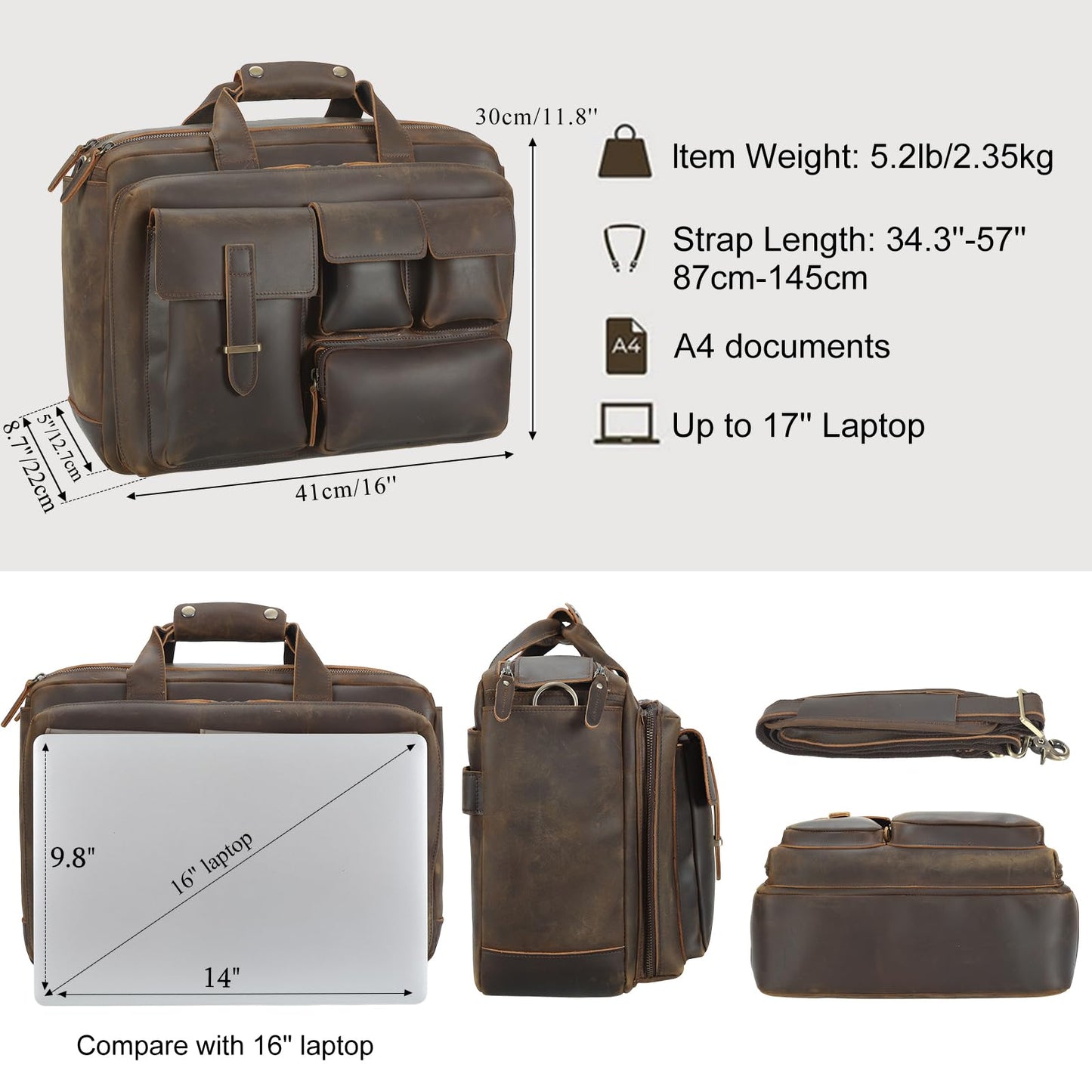 TIDING Full Grain Leather 17.3 Inch Laptop Briefcase for Men, Multi Pockets Work Bag Business Travel Messenger Shoulder Bag